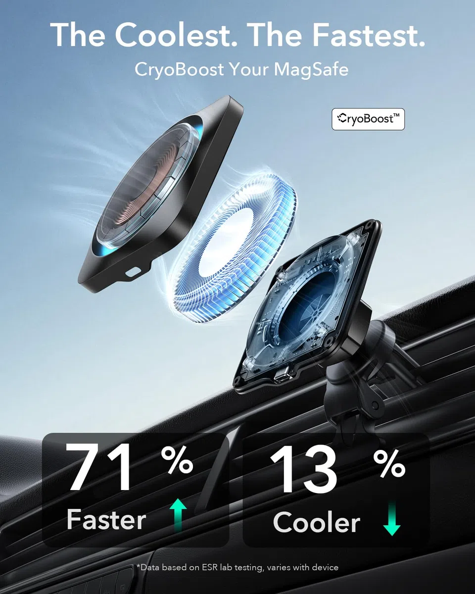 ESR MagSafe uchwyt samochodowy do Qi2 15 W, ładowarka z CryoBoost, chłodzenie telefonu komórkowego, deska rozdzielcza/wentylacja, magnetyczny uchwyt na telefon komórkowy iPhone Air/17/16/15/14/13/12