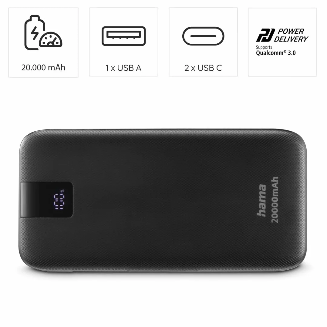 Hama Power Pack do ładowania telefonu 20000 mAh (powerbank, szybkie ładowanie, 2 x USB C, USB C, pojemny, lekki, ładowarka, Power Delivery, Qualcoom Quick Charge, Fast charge) antracyt