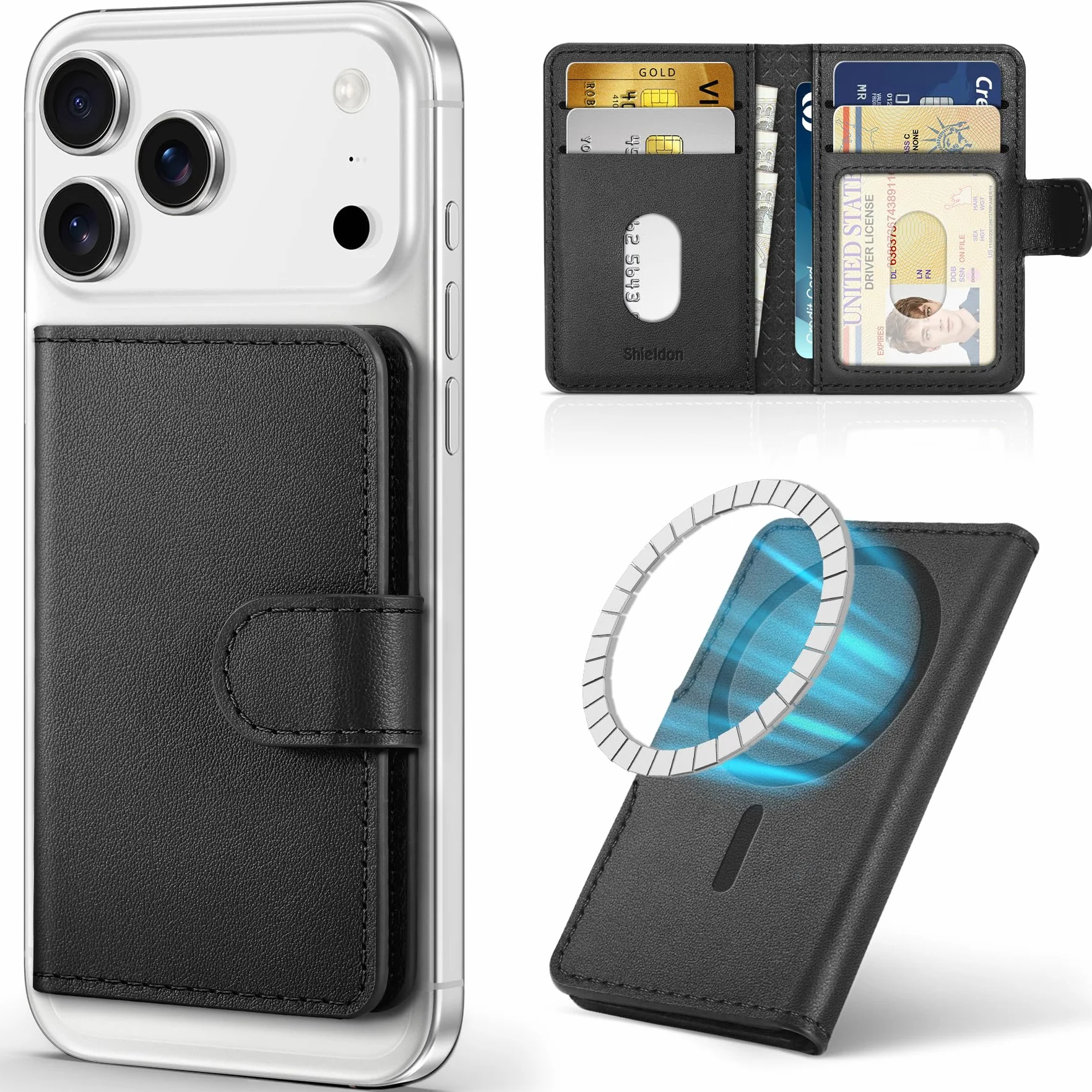 SHIELDON prawdziwa skóra portfel magnetyczny, blokada RFID, 6 przegródek na karty i okienko na dowód osobisty, smukły portfel kompatybilny z serią iPhone 16/15/14/13/12 - czarny