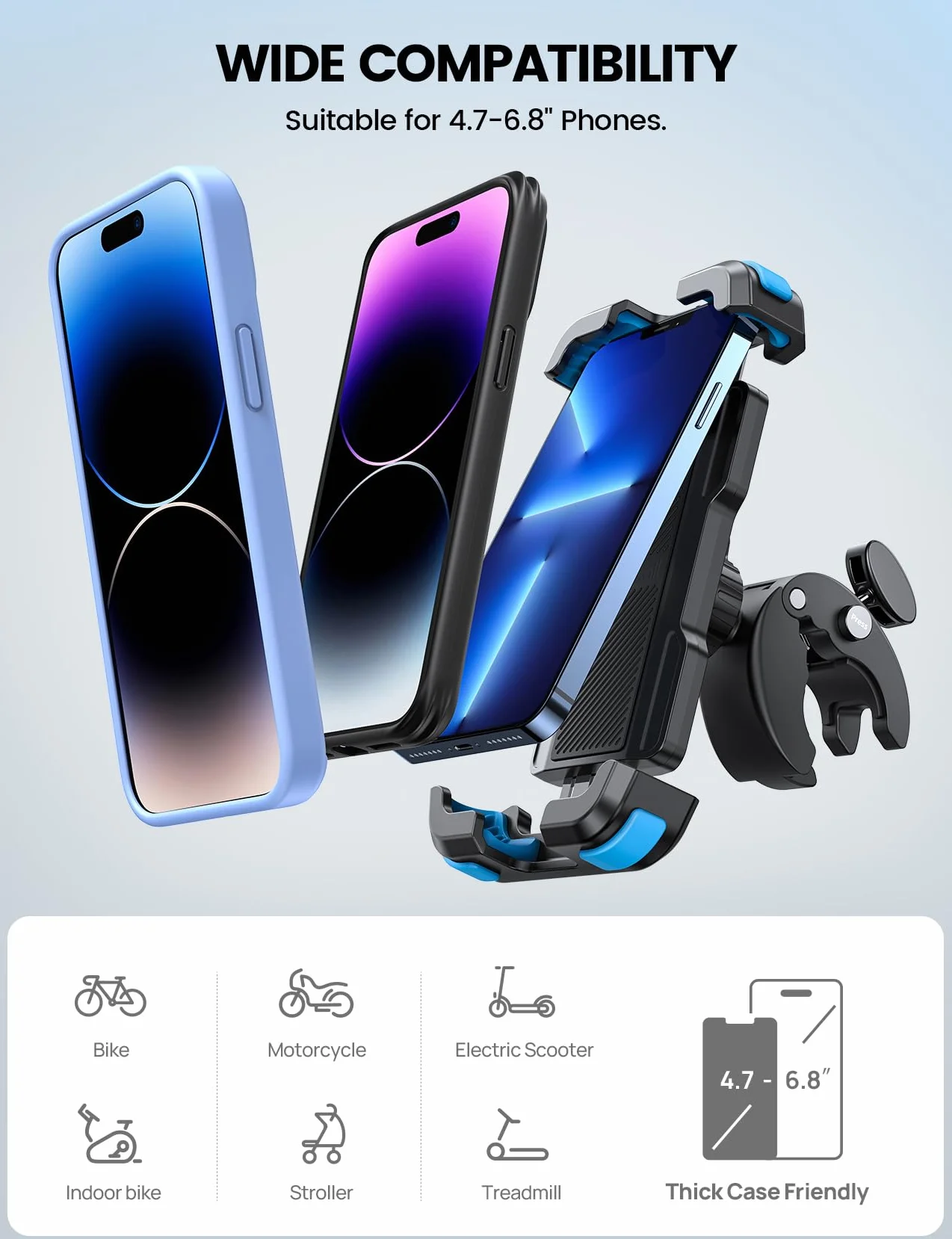 Lamicall Motocyklowy uchwyt na telefon - Montaż na telefon dla motocykli,Rowerowy uchwyt na telefon z szybkim uchwytem dla iPhone 16 15 14 13 12 Pro Max Plus Mini Xs XR X, 4,7-6,8 cala - Niebieski