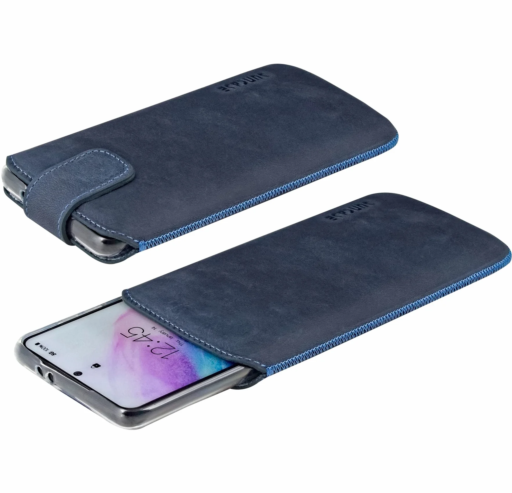 Suncase Prawdziwe skórzane etui kompatybilne z iPhone 16 Pro (pasuje do grubszych bumperów/silikonowych etui: wymiary wewnętrzne - 155 x 76 x 14 mm) w kolorze niebieskim Pebble Blue