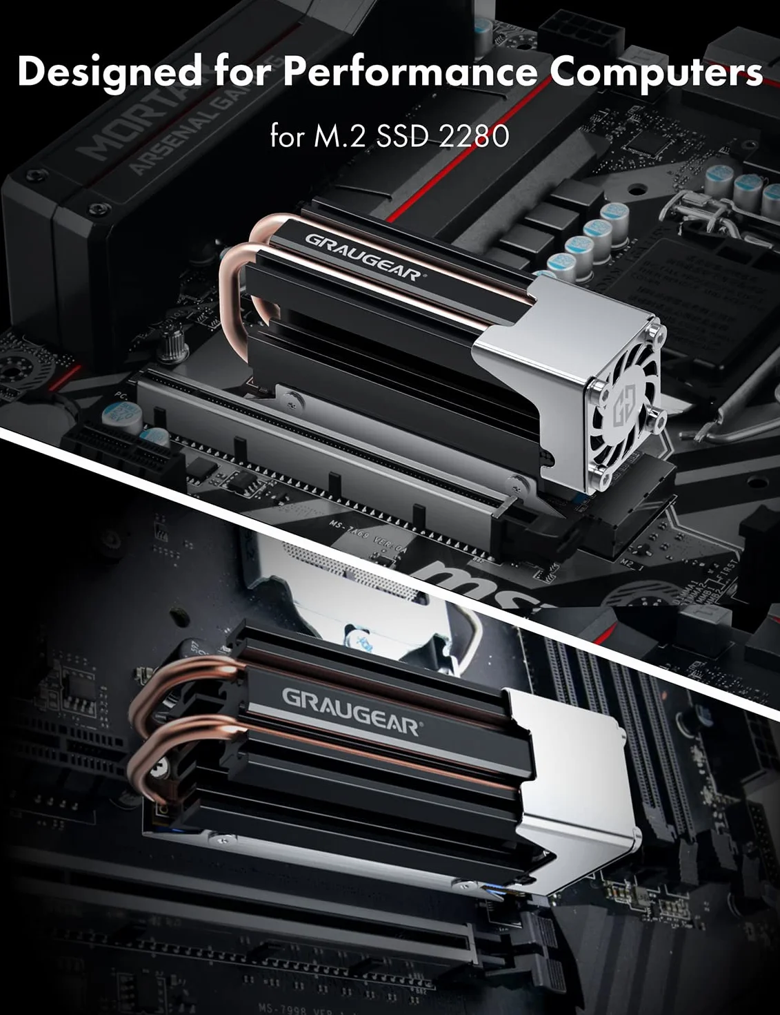 GRAUGEAR G-M2HS03-F chłodnica Heatpipe M.2 NVMe 2280 aktywny wentylator PWM 25 mm miedziana rura cieplna