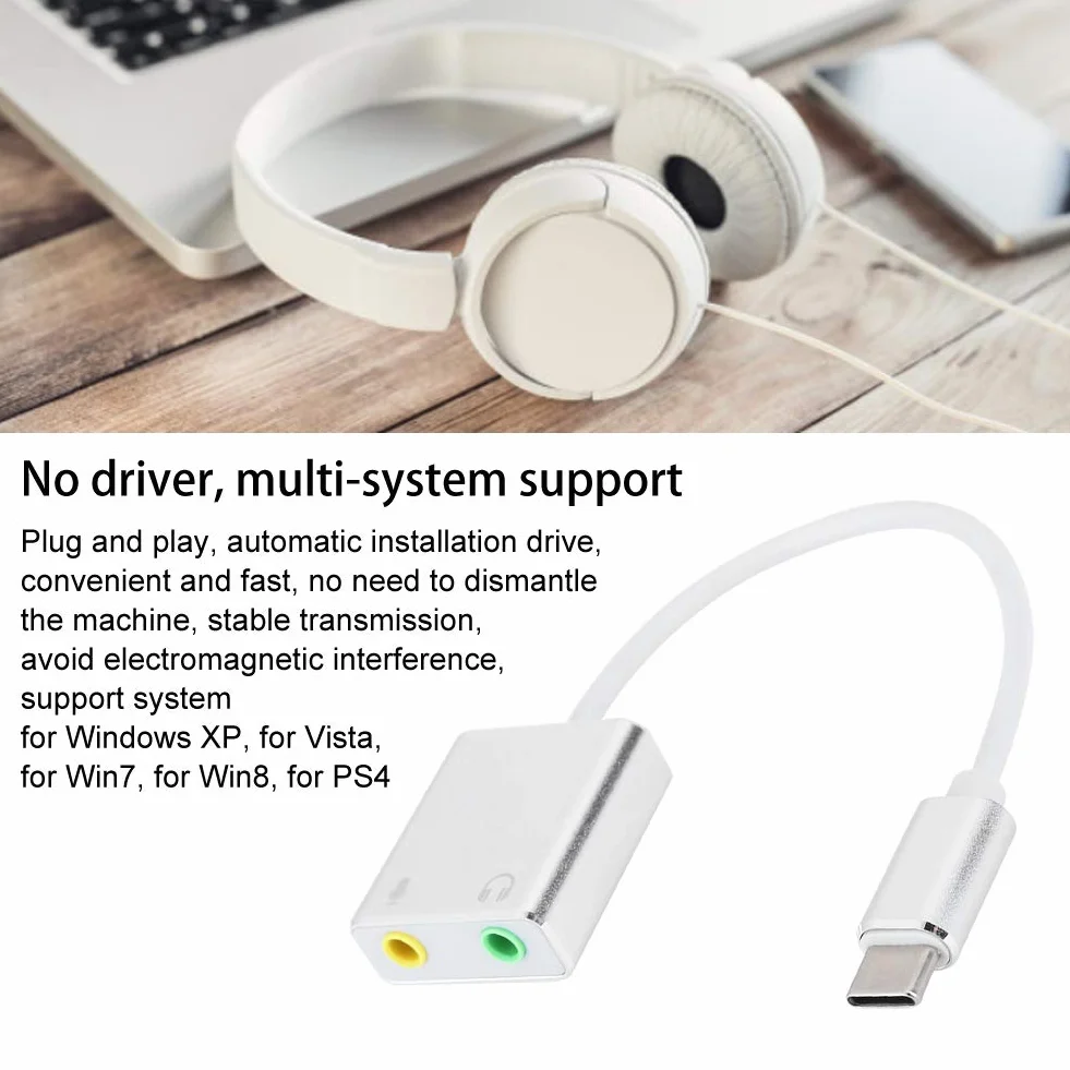 Adapter Audio USB C Zewnętrzna Karta Dźwiękowa Stereo z Gniazdem Słuchawkowym i Mikrofonowym 3,5 Mm dla Systemów Windows, Mac, Linux, PC, Laptopów, Komputerów Stacjonarnych,