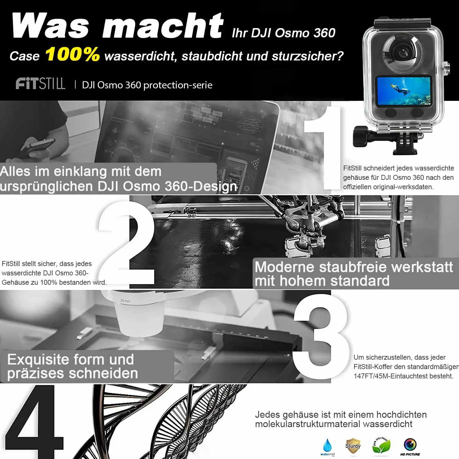 FitStill Wodoszczelna obudowa do DJI OSMO 360, 45 m, łatwa instalacja, odporna na nacisk, obudowa ochronna do fotografii podwodnej, DJI osmo 360 akcesoria ochronne