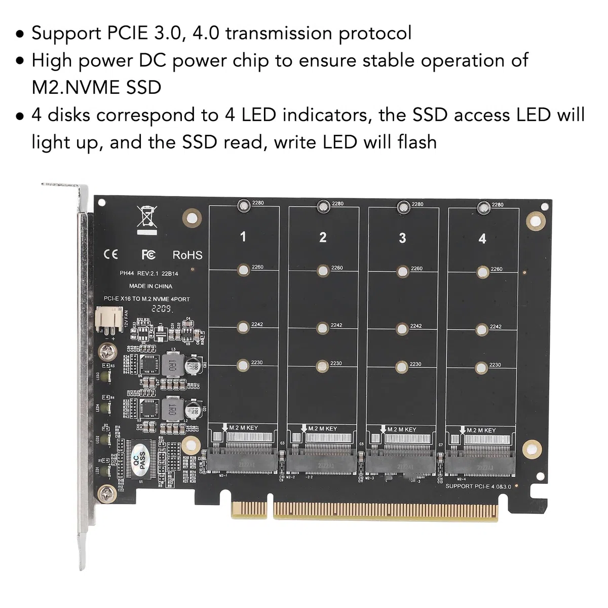 4x32Gbps PCIE X16 4-portowa Karta Rozszerzeń, M.2 NVME SSD do Miękkiej Karty Raid PCIE X16, Komputer Stacjonarny PH44 z Indywidualną Kartą Rozszerzeń Kontrolera Wskaźników LED dla