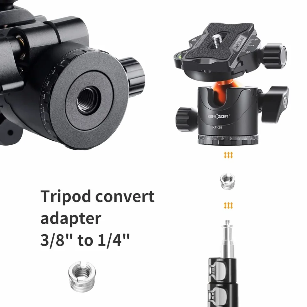 K&F Concept głowica kulowa aluminiowa 3/8" głowica kulowa 360° obrotowy adapter z szybkoobrotową płytą śrubową 1/4" do statywu i kamery Max 10kg