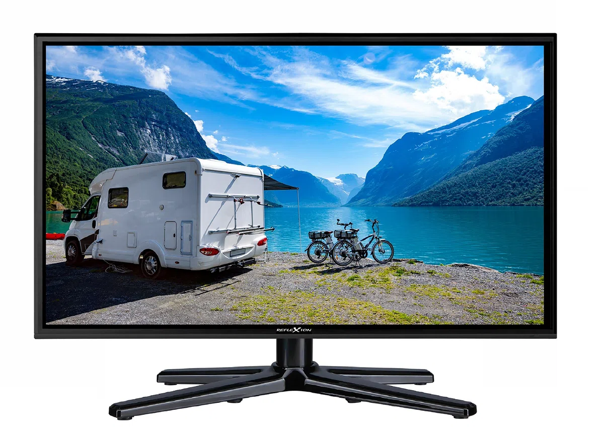 Reflexion LEDW24SB telewizor LED (24 cale) z soundbarem do samochodów kempingowych z DVB-T2 HD, potrójnym tunerem i adapterem samochodowym 12 V (12/24 V, Full-HD, HDMI, USB, EPG, CI+, DVB-T), czarny