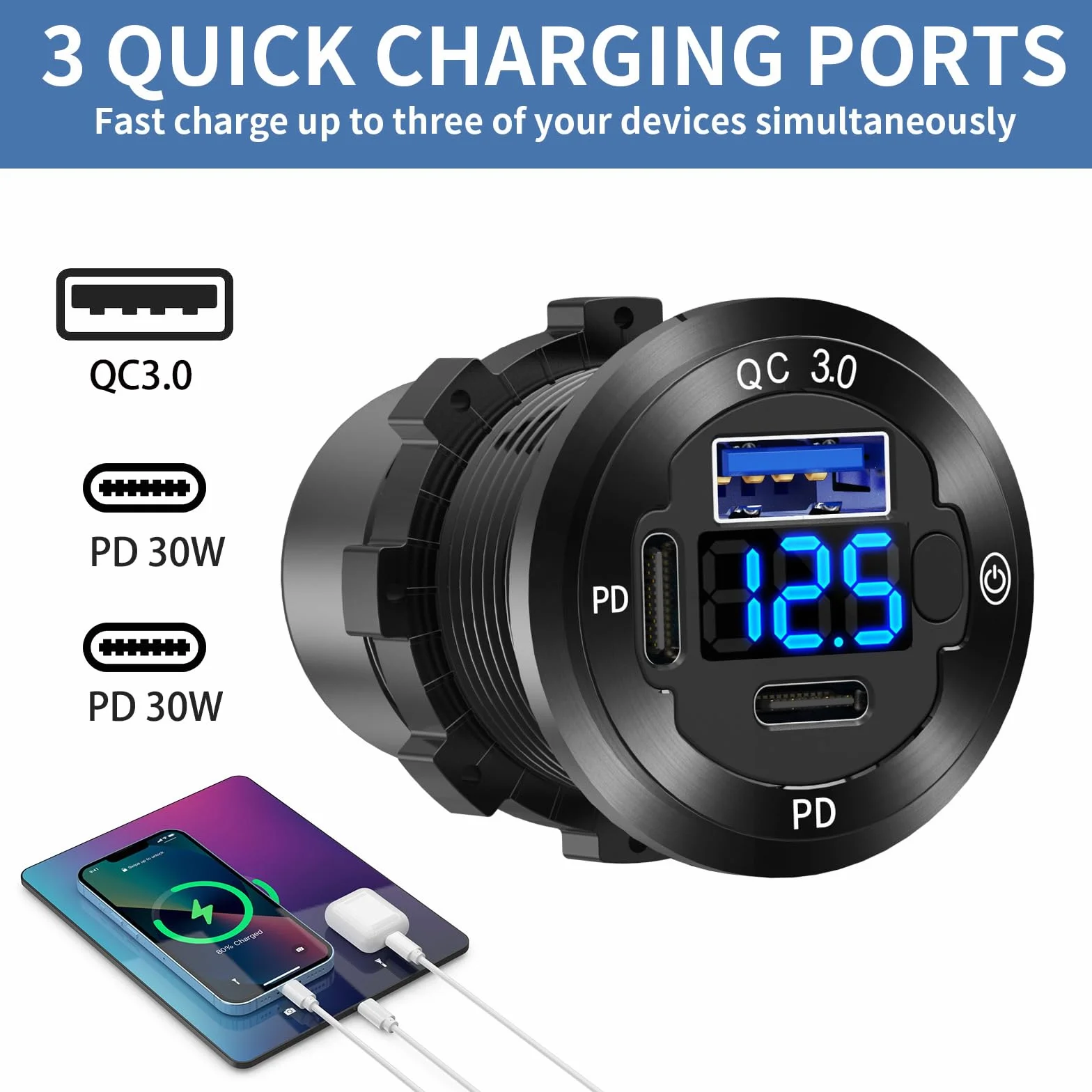 2-pak 12 V USB gniazdo samochodowe okrągłe gniazdo USB C 12 V, 3-portowa szybka ładowarka morska, wodoodporna, zamiennik gniazda papierosowego, aluminium, z przełącznikiem i woltomierzem, odpowiednie