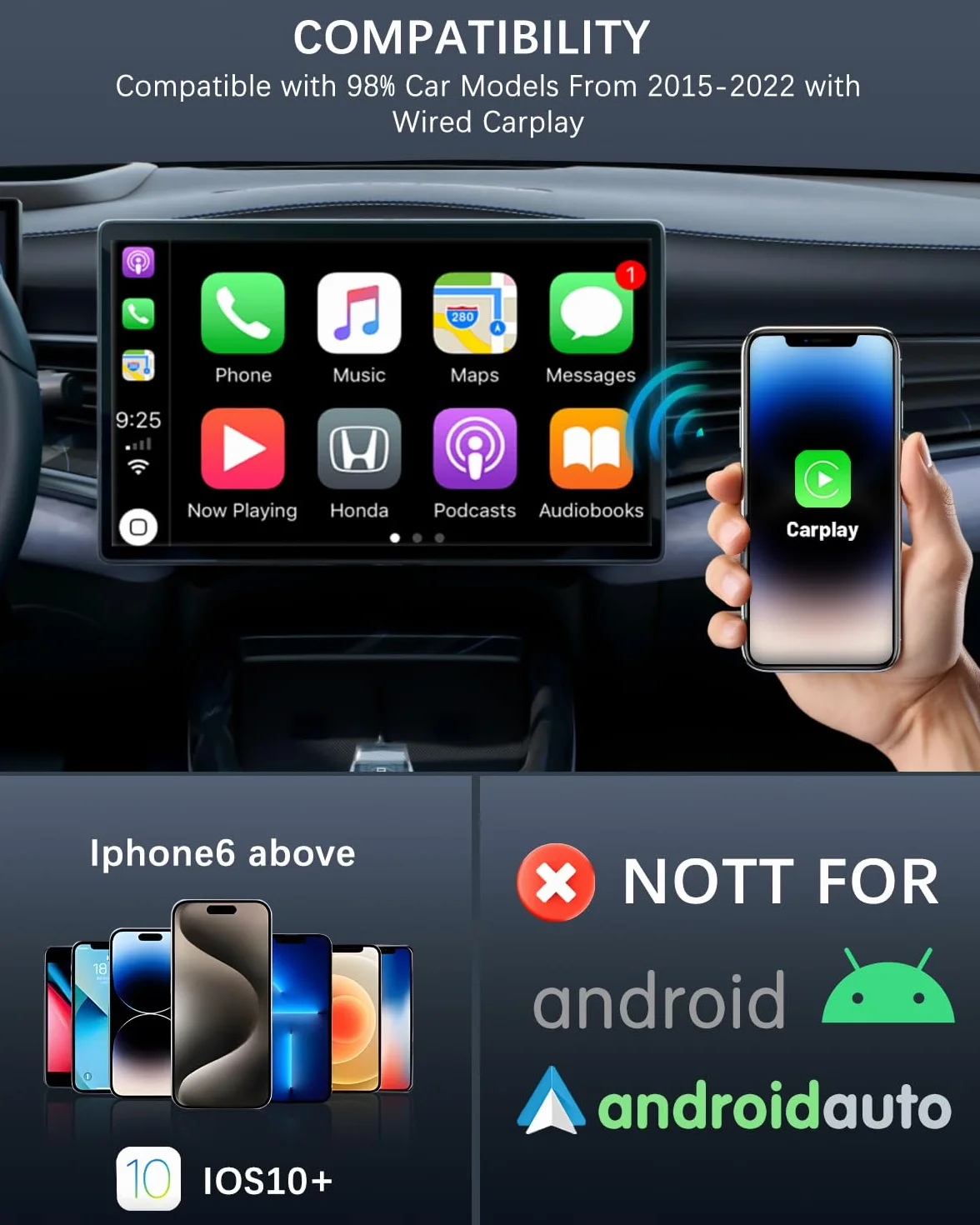 Adapter CarPlay z USB C/A i 5,8 GHz WiFi, umożliwiający konwersję fabrycznego przewodowego CarPlay na bezprzewodowy, funkcja Plug & Play, do samochodów od 2015 roku oraz iPhone z iOS 10+