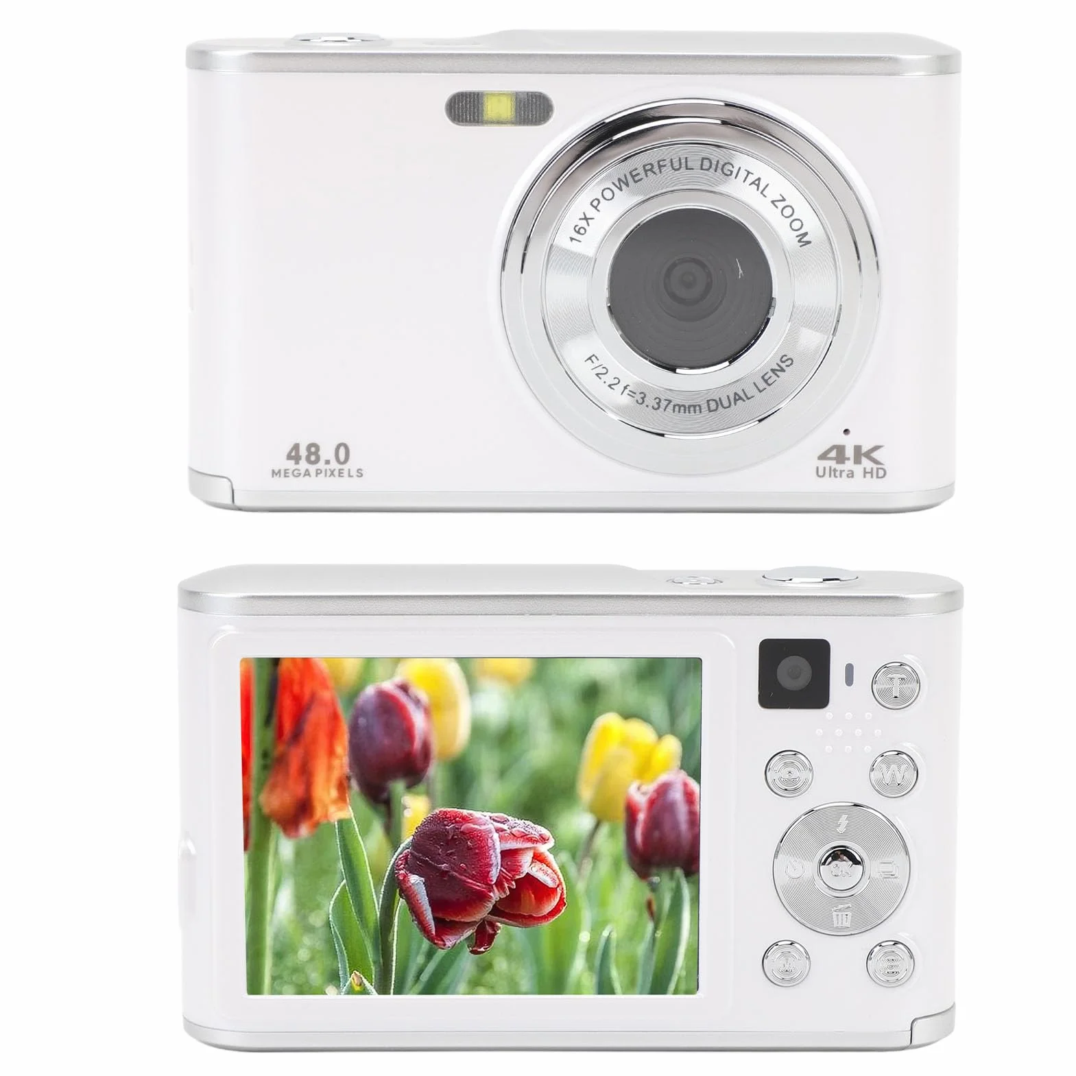Aparat Cyfrowy 4K, Aparat do Vlogowania 4K 48 MP z Autofokusem i 2,8-calowym Ekranem IPS, Cyfrowy Aparat Typu „wskaż i Zrób zdjęcie” z 16-krotnym Zoomem dla Nastolatków, (WHITE)