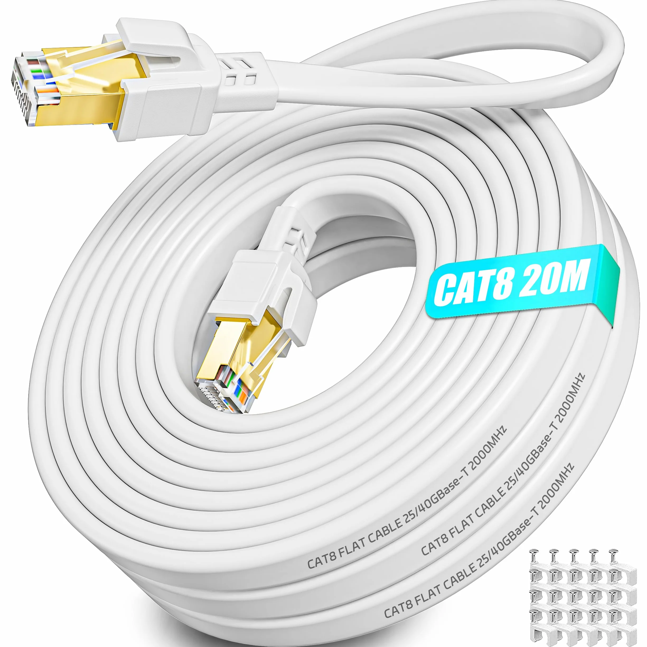 Kabel Ethernet Cat 8, 20m kabel internetowy 20 metry Płaski o wysokiej prędkości 40 Gb/s 2000 MHz, ekranowany RJ45 gigabit kabel LAN biały, Kabel krosowy z 20 klipsami do modemu, routera (20M)
