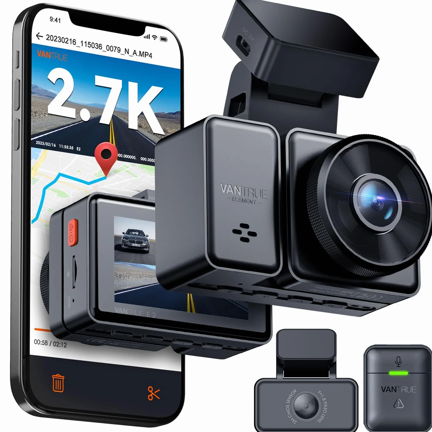 VANTRUE E2 1944P 1944P kamera Dash Cam Auto 5GHz WiFi GPS, bezprzewodowa i sterowana głosem kamera Dash Cam przednia tylna WDR Night Vision Bufor tryb parkowania kamera samochodowa, 2,45 cala Loop