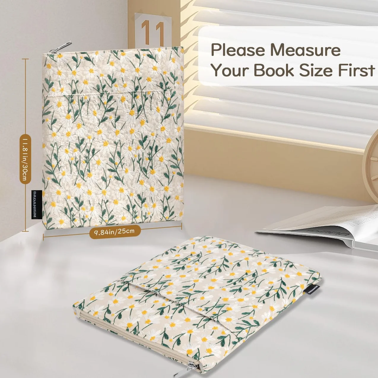 Dadanism Daisy Embroidered Book Sleeve with Zipper, Book Protector Pouch, Beige