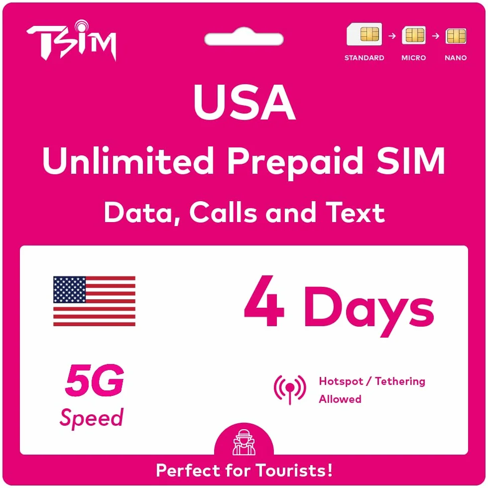 Karta SIM USA do podróży do USA. Przedpłacona. Sieć T-Mobile z nieograniczonymi danymi, połączeniami i wiadomościami tekstowymi. Nowa ulepszona karta SIM 5G! (4 dni)