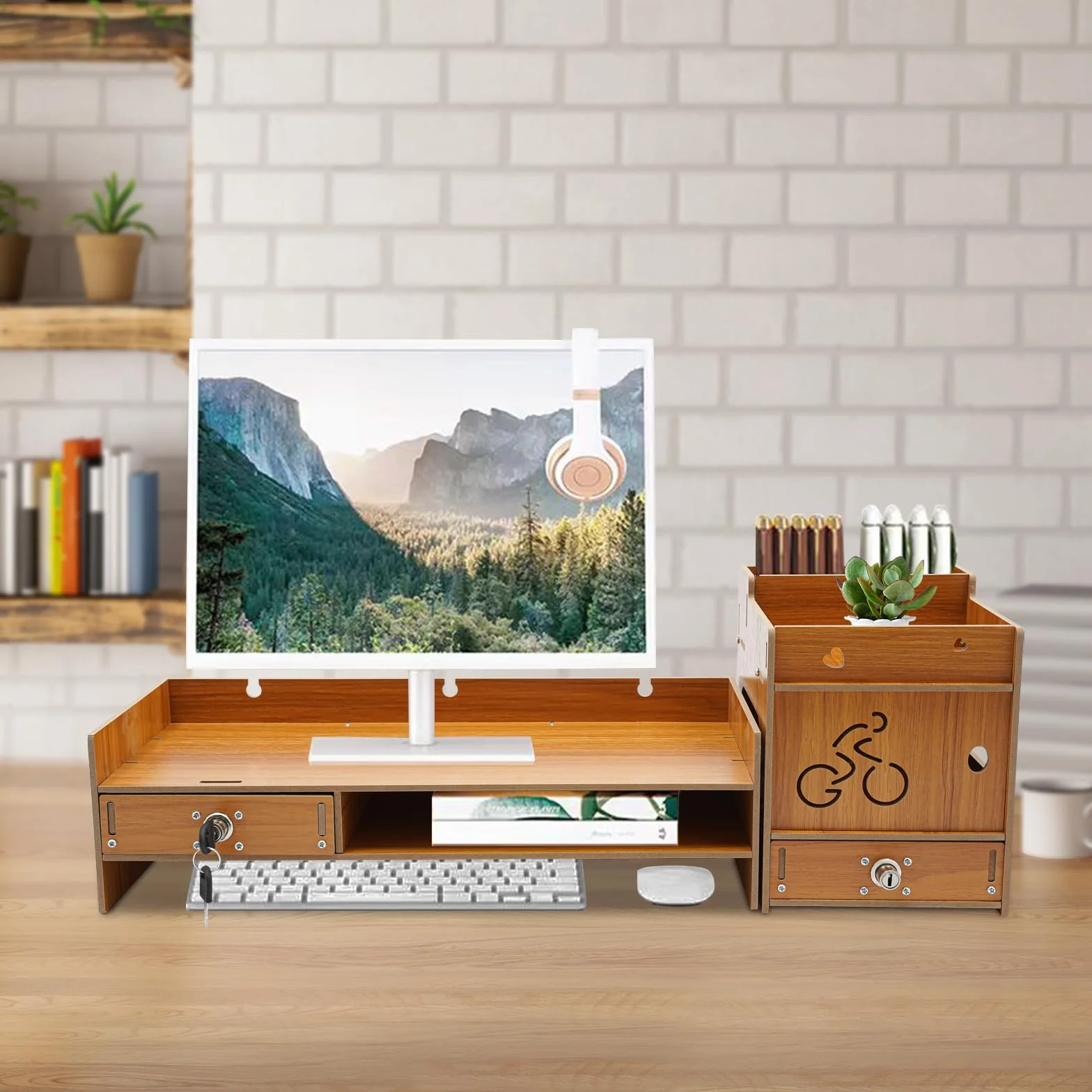 Stojak pod monitor z uchwytem na telefon komórkowy i szufladą, półka, 48 x 20 x 13,5 cm, drewniana podstawa, stojak na laptopa, laptopa, notebooka, drukarki