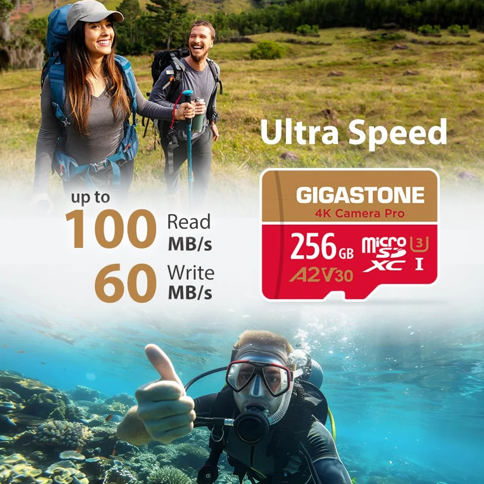 [5-letnie odzyskiwanie danych] Gigastone karta micro SD 256 GB, kamera 4K Pro, A2 V30 UHS-I U3, do 100 MB/s, do smartfona, GoPro, kamery akcji, wideo 4K UHD, Nintendo Switch, z adapterem i czytnikiem