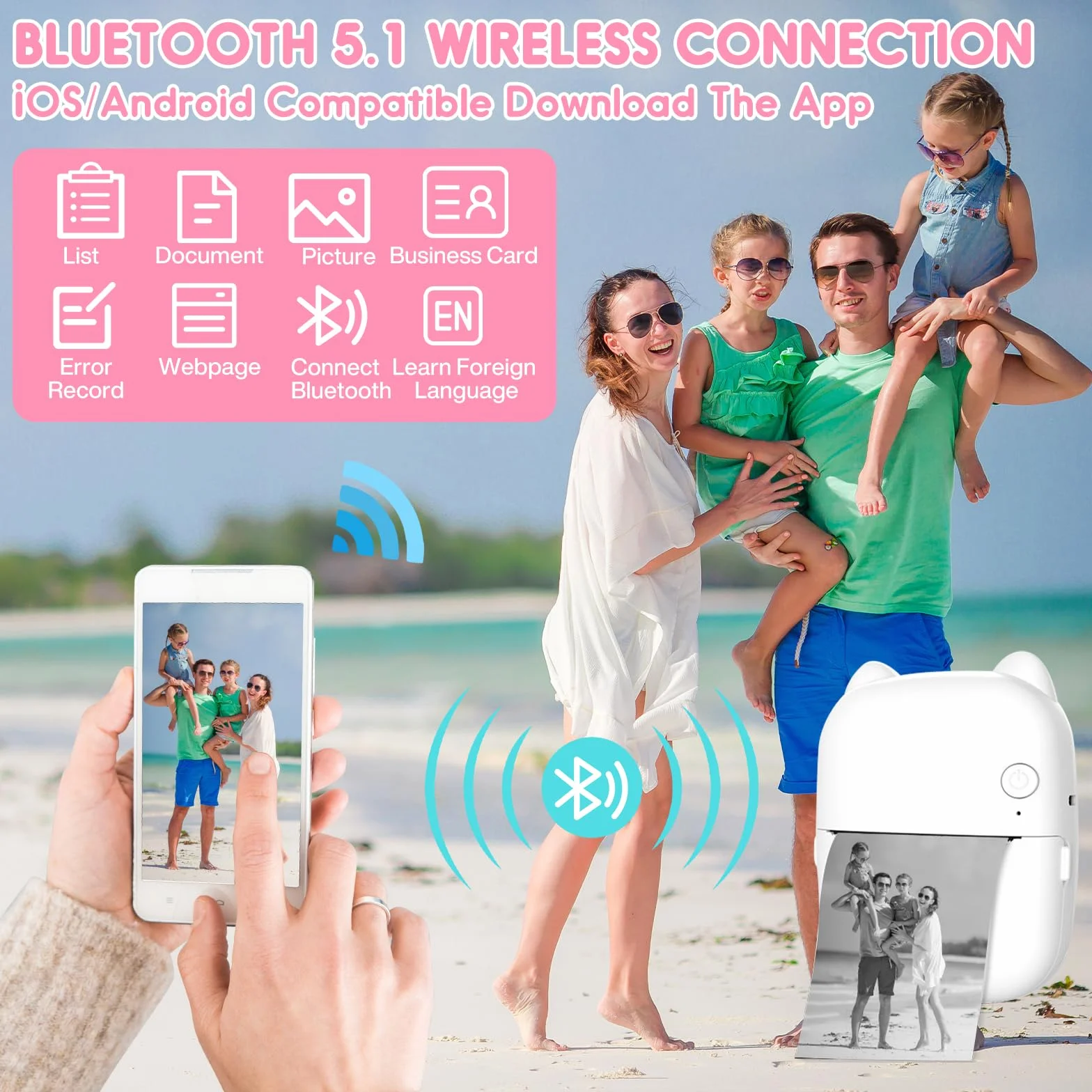 Mini Przenośna Drukarka Fotograficzna, Bezprzewodowa Natychmiastowa Drukarka Termiczna Bluetooth z 14 Rolkami Papieru, Inteligentna Drukarka Bluetooth dla iOS i Androida do Etykiet, Zdjęć