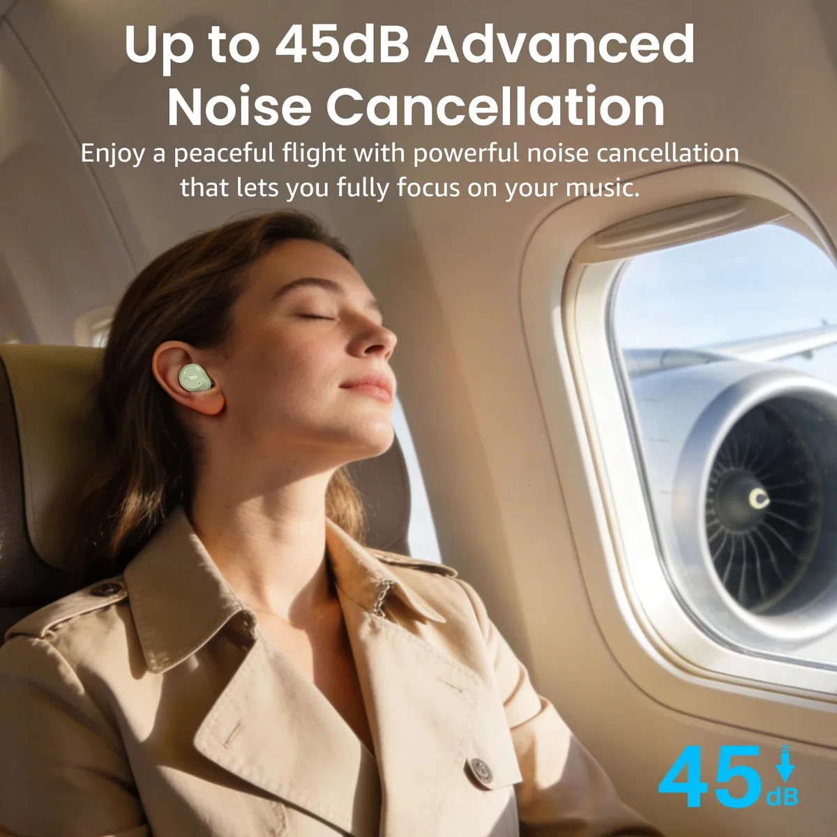 TOZO NC9 Hybrydowe słuchawki douszne z aktywną redukcją szumów, bezprzewodowe słuchawki douszne 45 dB ANC, 6 mikrofonów ENC do wyraźnych połączeń, głęboki bas, czas odtwarzania 60 h, wodoodporność