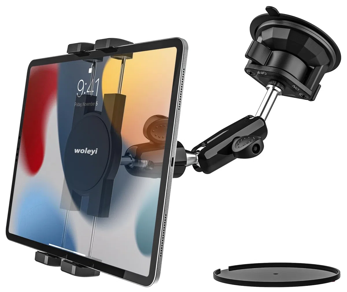Uchwyt na tablet samochodowy mocna przyssawka, uchwyt na tablet deska rozdzielcza przednia szyba ciężarówka [regulowane i wytrzymałe ramię] do iPada, Galaxy Tab, Lenovo, telefonów i tabletów
