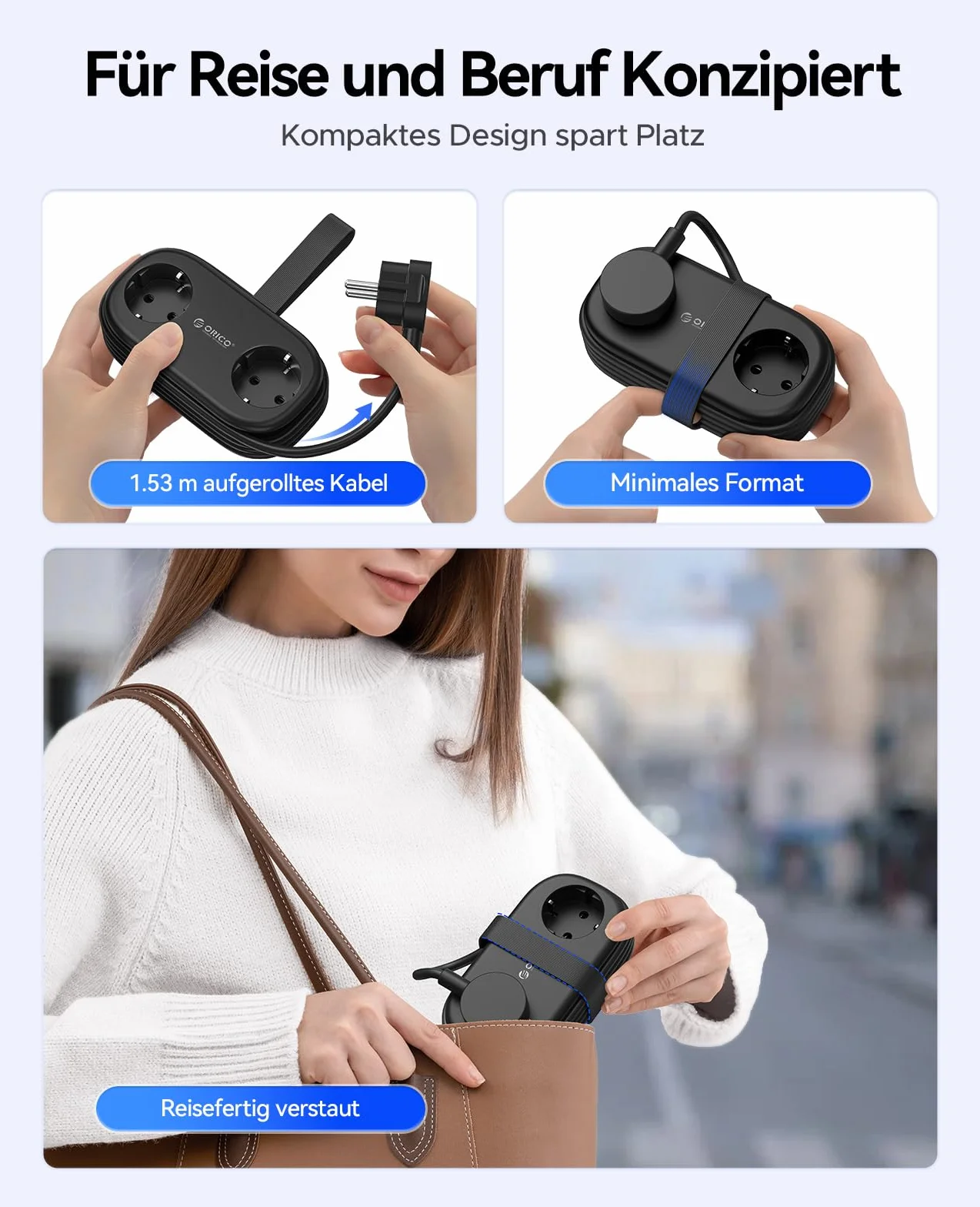 ORICO Listwa zasilająca z USB C PD 20 W, 2 przegródki, wielokolorowe gniazdko podróżne i 3 porty USB (1 USB C) do ładowania, kompatybilna z telefonem, z kablem o długości 1,5 m, do domowego biura na