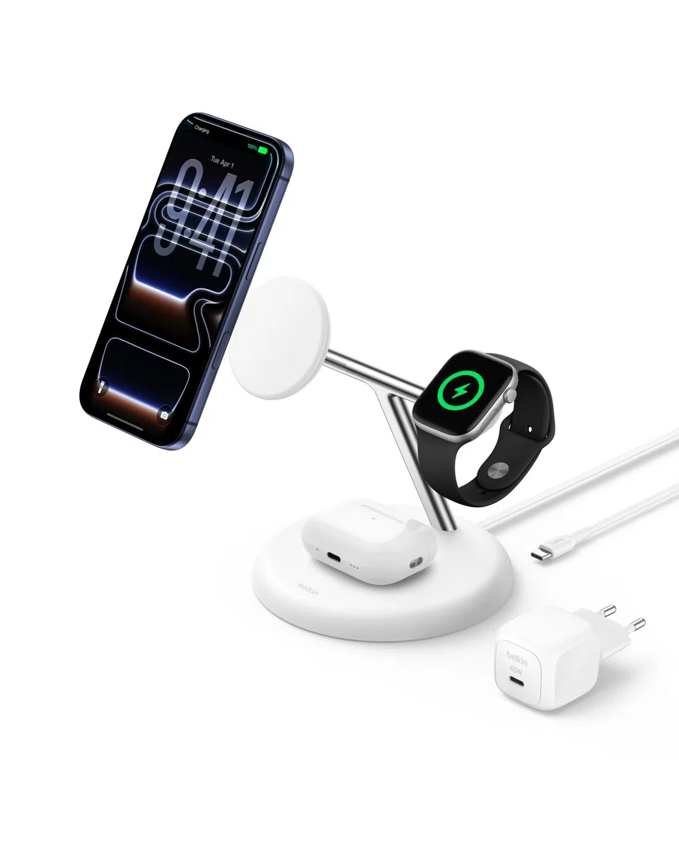 Belkin UltraCharge Bezprzewodowa Stacja Ładująca 3 w 1 z Qi2, 25 W – Biała | Zgodna z MagSafe Ładowarka do Urządzeń iPhone, Apple Watch i Słuchawek, Certyfikat Qi2.2, z Kablem USB-C i Zasilaczem 45 W
