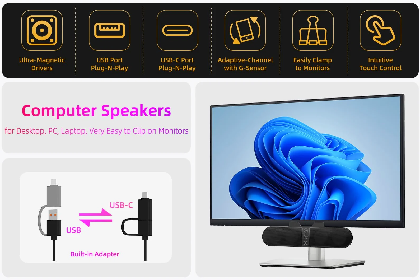 Głośniki komputerowe do monitora stacjonarnego, wtyczka USB, przewodowe, soundbar komputerowy do PC, głośniki do laptopa z przełączaniem kanałów adaptacyjnych, głośny dźwięk, głęboki bas, adapter USB