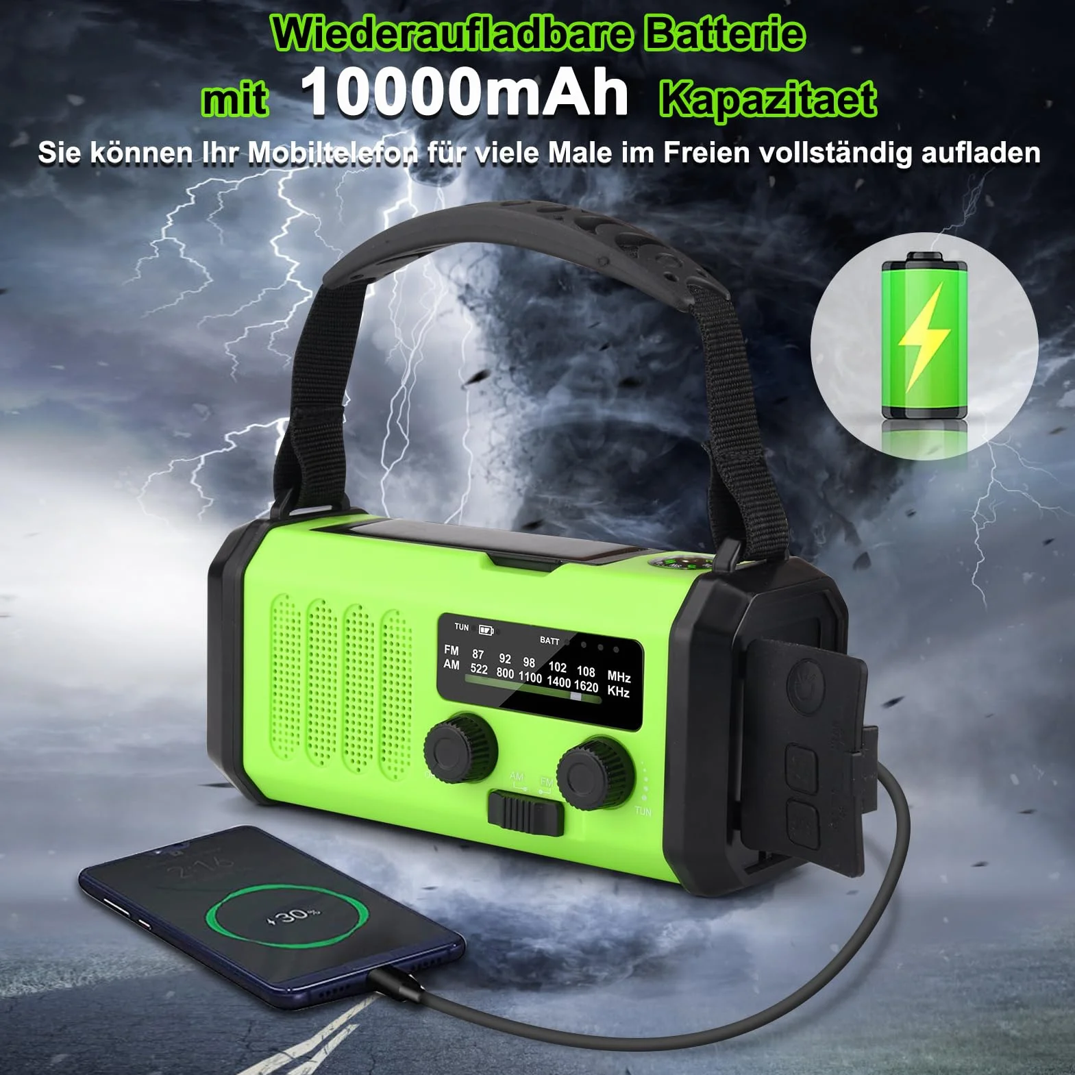 Radio solarne przenośne AM/FM 10000 mAh powerbank latarka LED alarm SOS dynamo