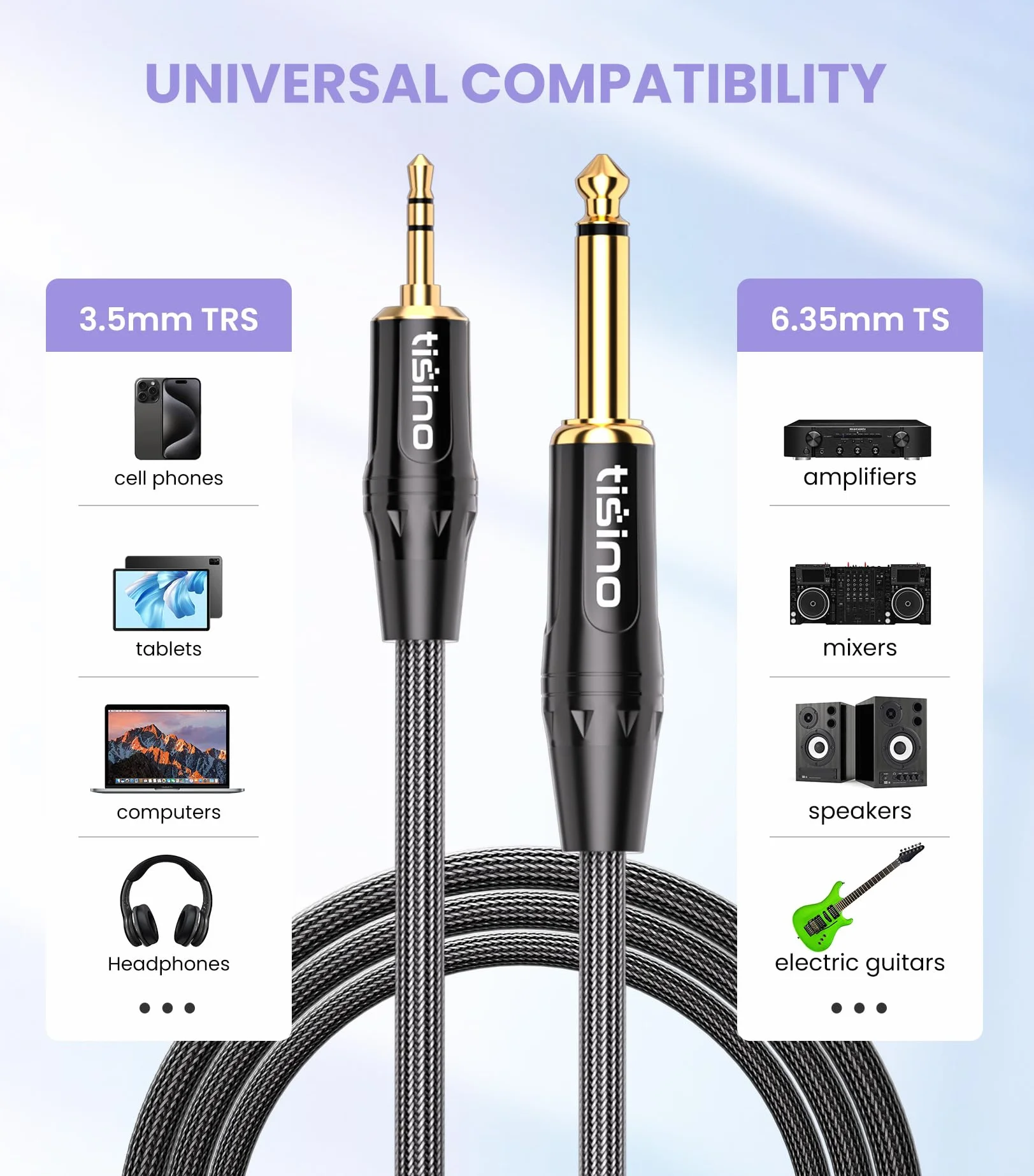 TISINO Kabel Interconnect Jack TS Mono 6,3 mm do TRS Mini Stereo 3,5 mm 2 m