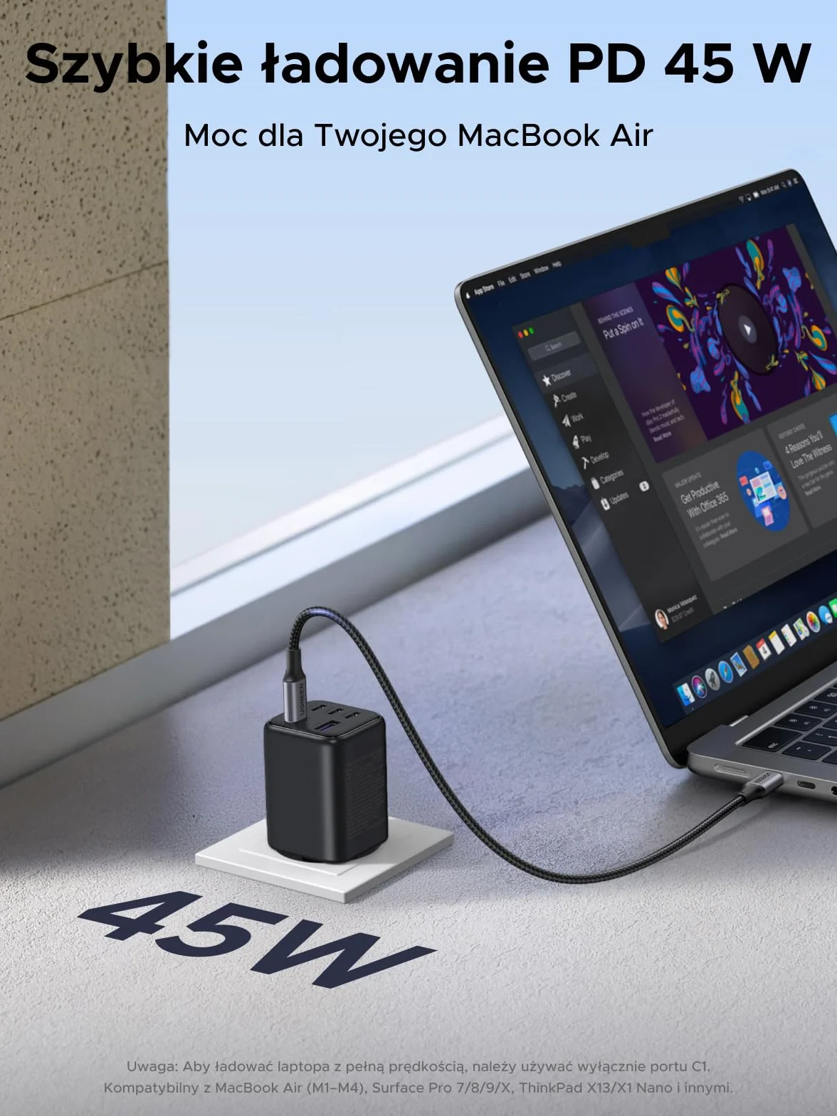 UGREEN Ładowarka USB C 45 W 5-portowa szybka ładowarka GaN Zasilacz PPS Adapter ładowarki PD Kompatybilna z Galaxy S25 Ultra, S24, iPhone 17 Pro Max, MacBook Air, iPad, Tab A8, Pixel 9