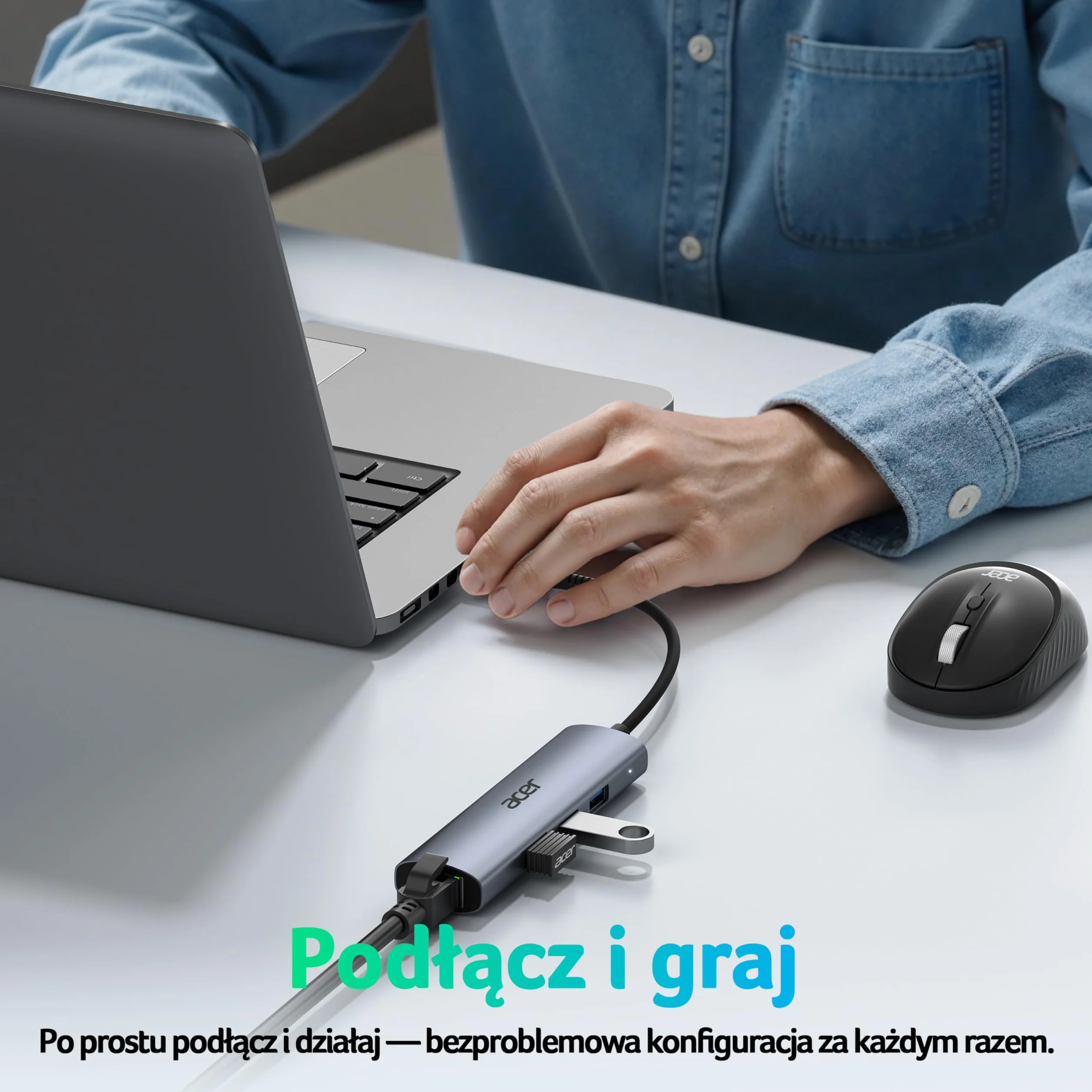 Acer Adapter Ethernet USB C, koncentrator USB A/C z 3 USB 3.0 5Gbps & LAN RJ45 1Gbps, [Bez drivera, Aluminiowy] Adapter USB do sieci dla laptopów, MacBook Pro, iPad, iPhone 16, Samsung, XPS, Myszy