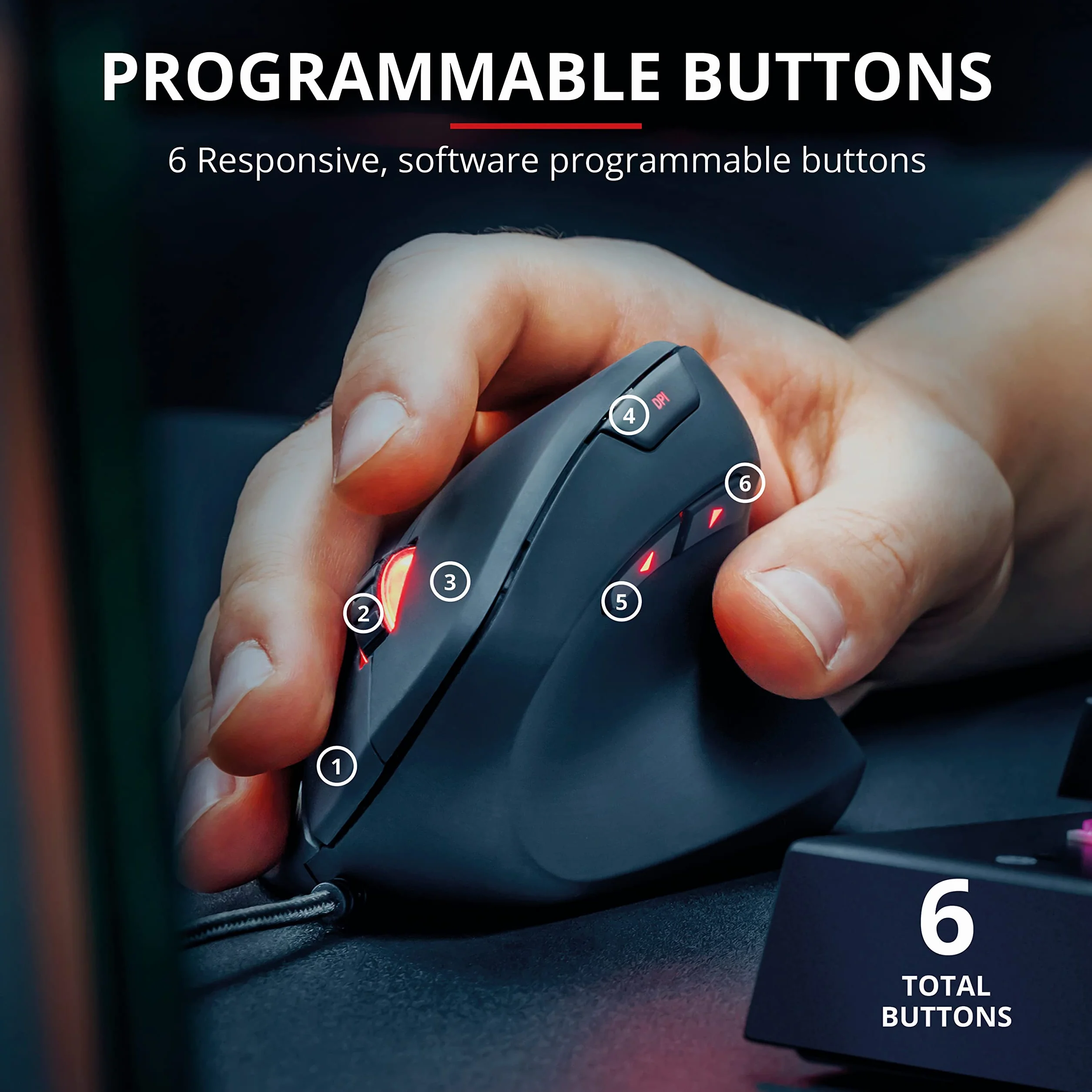 Trust Gaming GXT 144 Rexx Myszka Gamingowa, Ergonomiczna Mysz Pionowa dla Graczy, 250-10000 DPI, Podświetlenie LED, 6 Programowalnych Przycisków, Zaawansowane Oprogramowanie, Komputer, Laptop, PC