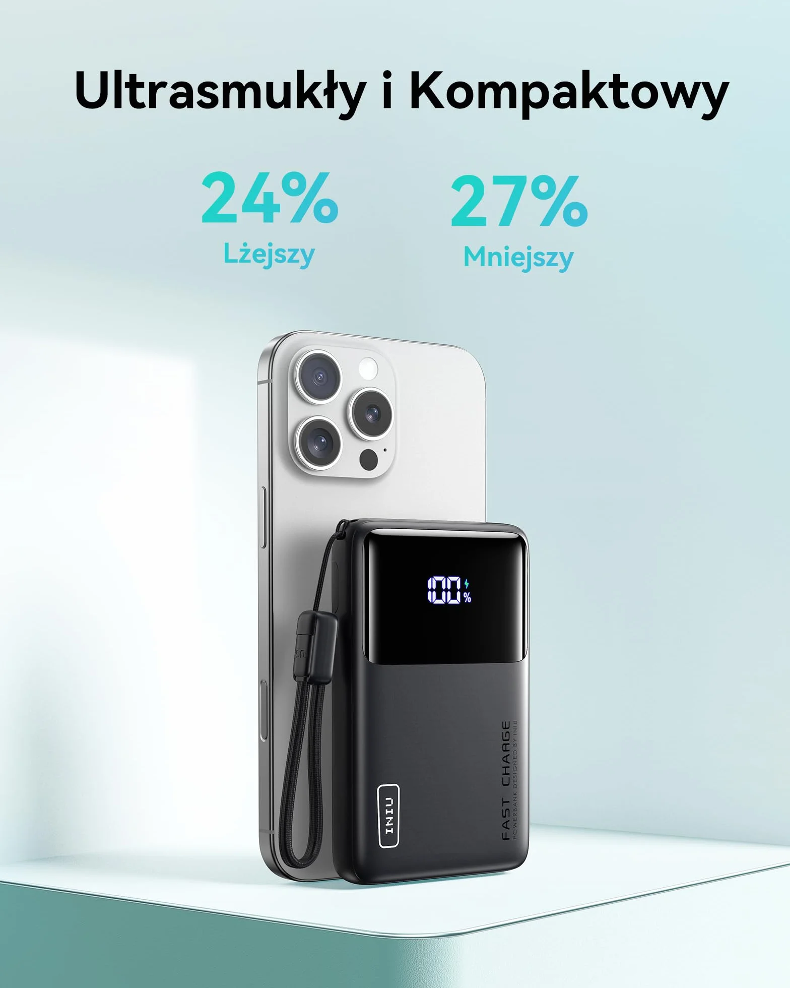 INIU 45W Power Bank, Supercienki 10000mAh Przenośna Ładowarka z Kablem USB-C, Szybkie Ładowanie USB C PD3.0 QC4.0 do iPhone 17 16 15 14 13 Pro Max iPad Air Samsung Galaxy S24 S23 Note 20 etc
