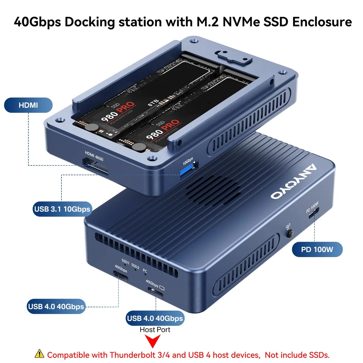 Dual-Bay 40 Gb/s Obudowa do dysku M.2 NVMe SSD z wentylatorem, 2 x USB C 40 Gb/s, kompatybilna z Thunderbolt 4/3, USB 4.0, oprogramowanie RAID do MacBooka/Mac Mini Dock, M1/M2/Windows (TBU405Pro MAX)