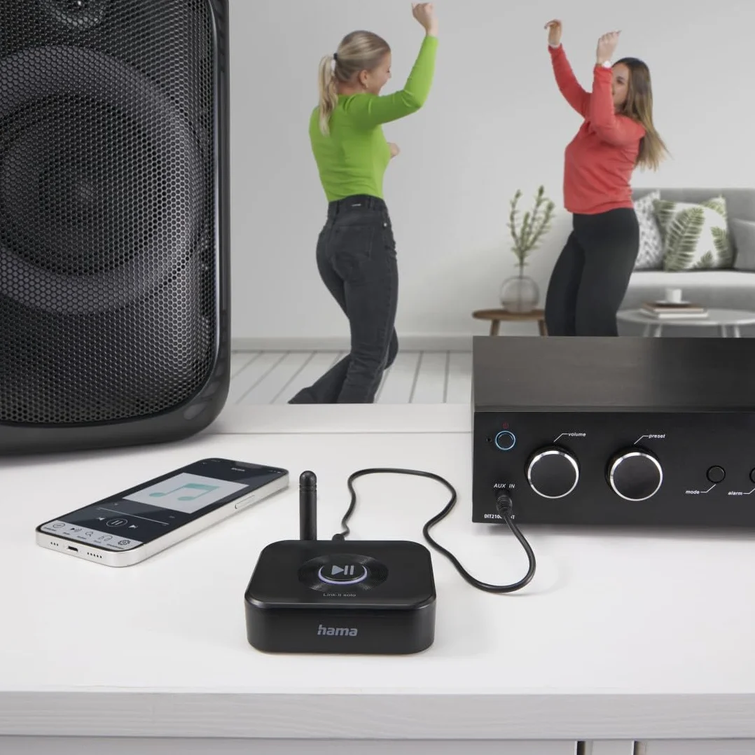 Hama Adapter Transmitter Bluetooth 5.3 z Minijackiem do Systemów HiFi, Obsługa 2 Urządzeń i Karty MicroSD, Zasilanie USB, Czarny