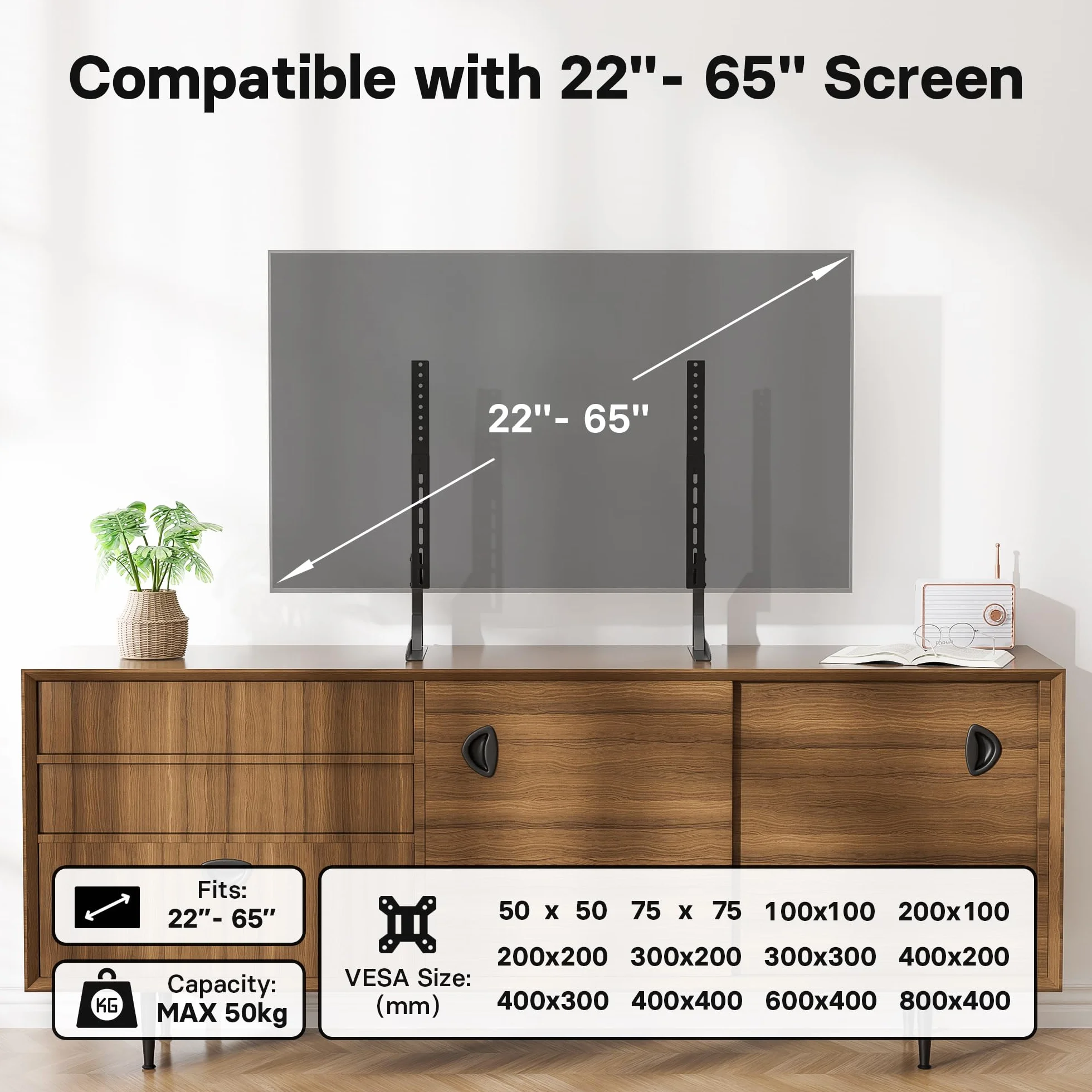 BONTEC Stojak TV 22-65 cali, Regulacja Wysokości 620-680 mm, 2 Opcje Instalacji, Wysoka Stabilność z Antypoślizgowymi Nóżkami, Kompatybilny z VESA 50x50-800x400 mm, Uniwersalny Uchwyt Telewizyjny