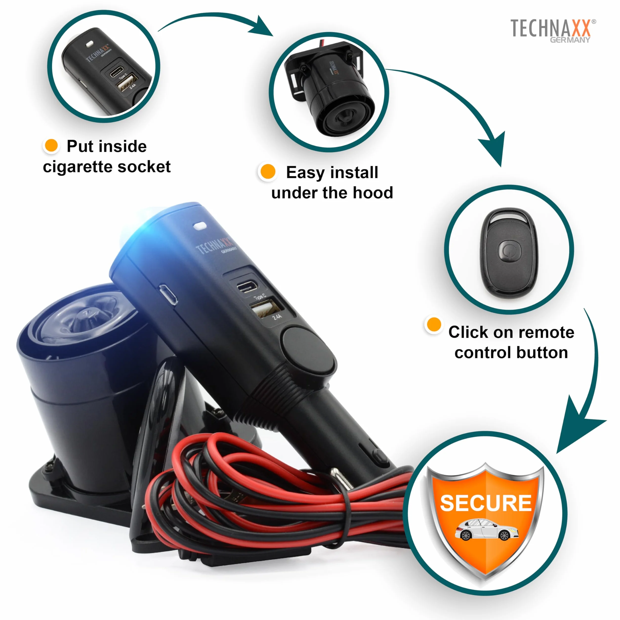 Technaxx Alarm samochodowy z czujnikiem PIR i syreną 105 dB TX-168 – system alarmowy do samochodu, przyczepy kempingowej, łodzi i domu – akumulator 7 dni, USB, przycisk paniki, pilot zdalnego