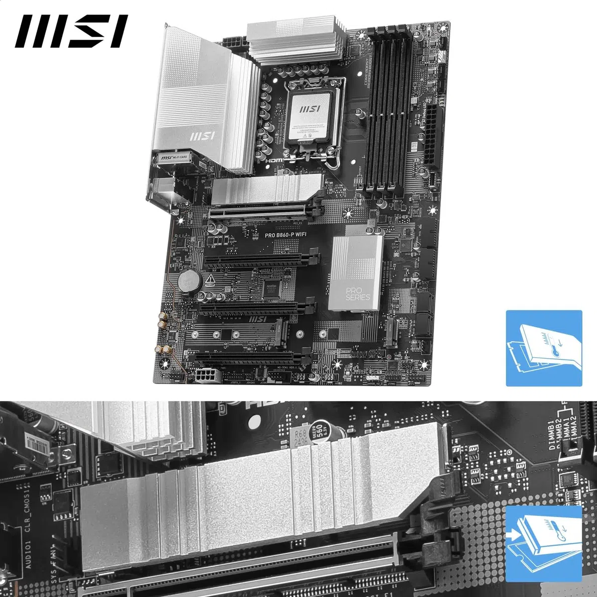 MSI PRO B860-P WIFI płyta główna, ATX - obsługuje procesory Intel Core Ultra (seria 2), LGA 1851-12 DRPS, DDR5 Memory Boost (8600+ MT/s OC), PCIe 5.0 x16 i 4.0 x16, M.2 Gen 5, Wi-Fi 7, 5G LAN