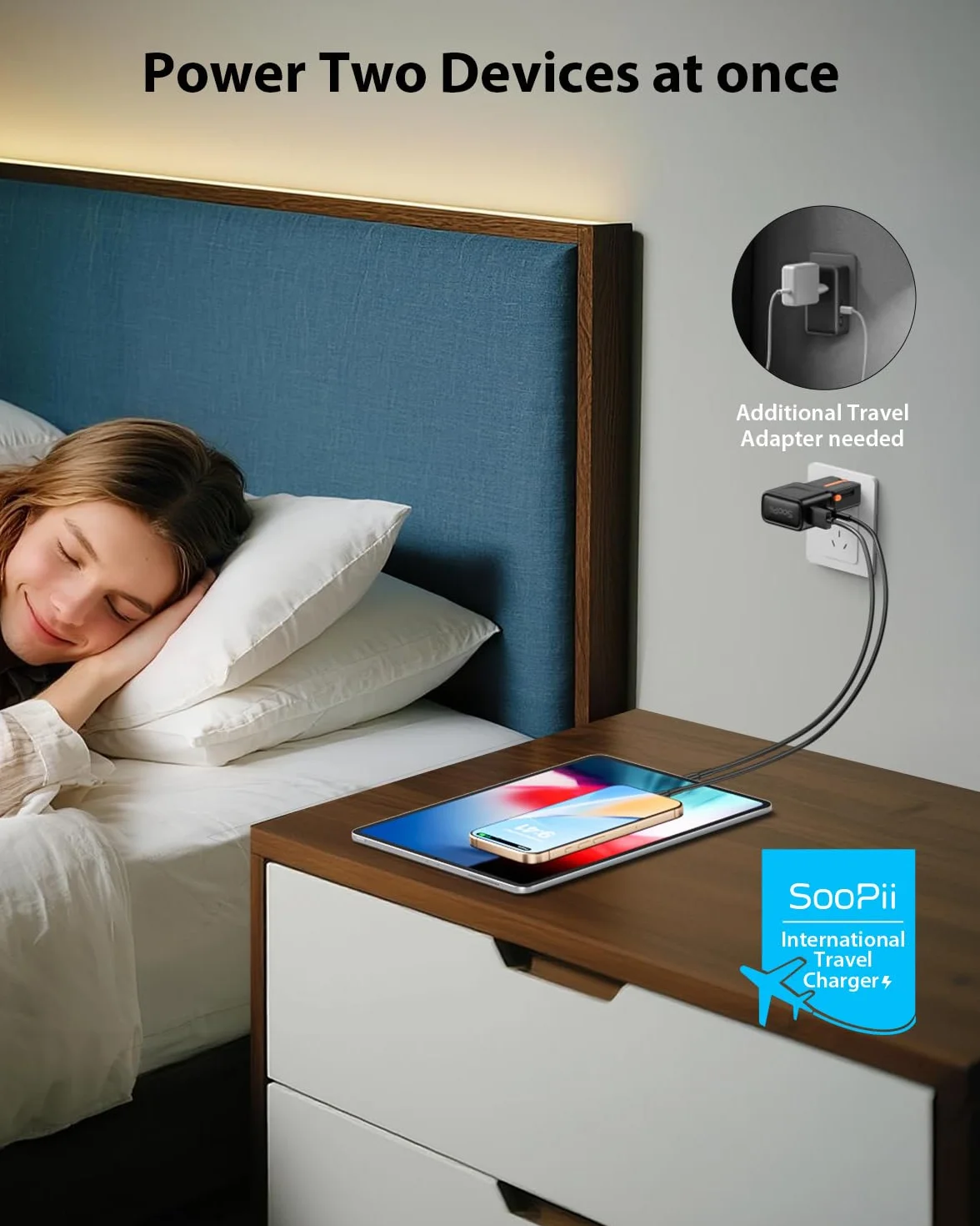 SooPii GaN Uniwersalna ładowarka ścienna, uniwersalna ładowarka podróżna z portem PD 35 W i portem QC 18 W, międzynarodowy zasilacz z wtyczką US UK EU AU do iPhone'a 16/15, Galaxy S25/S24, iPada i