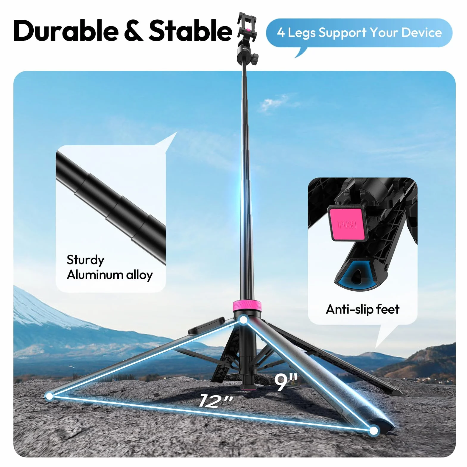 ULANZI MT-44 B [2026 ULEPSZONY] Automatycznie Otwierany Statyw Telefonu 59'', Stanie na Czterech Nogach, Kulowa 360°, Gwint 1/4", Kijek Selfie Bluetooth do lustrzanek Cyfrowych, iPhone'a, Samsunga