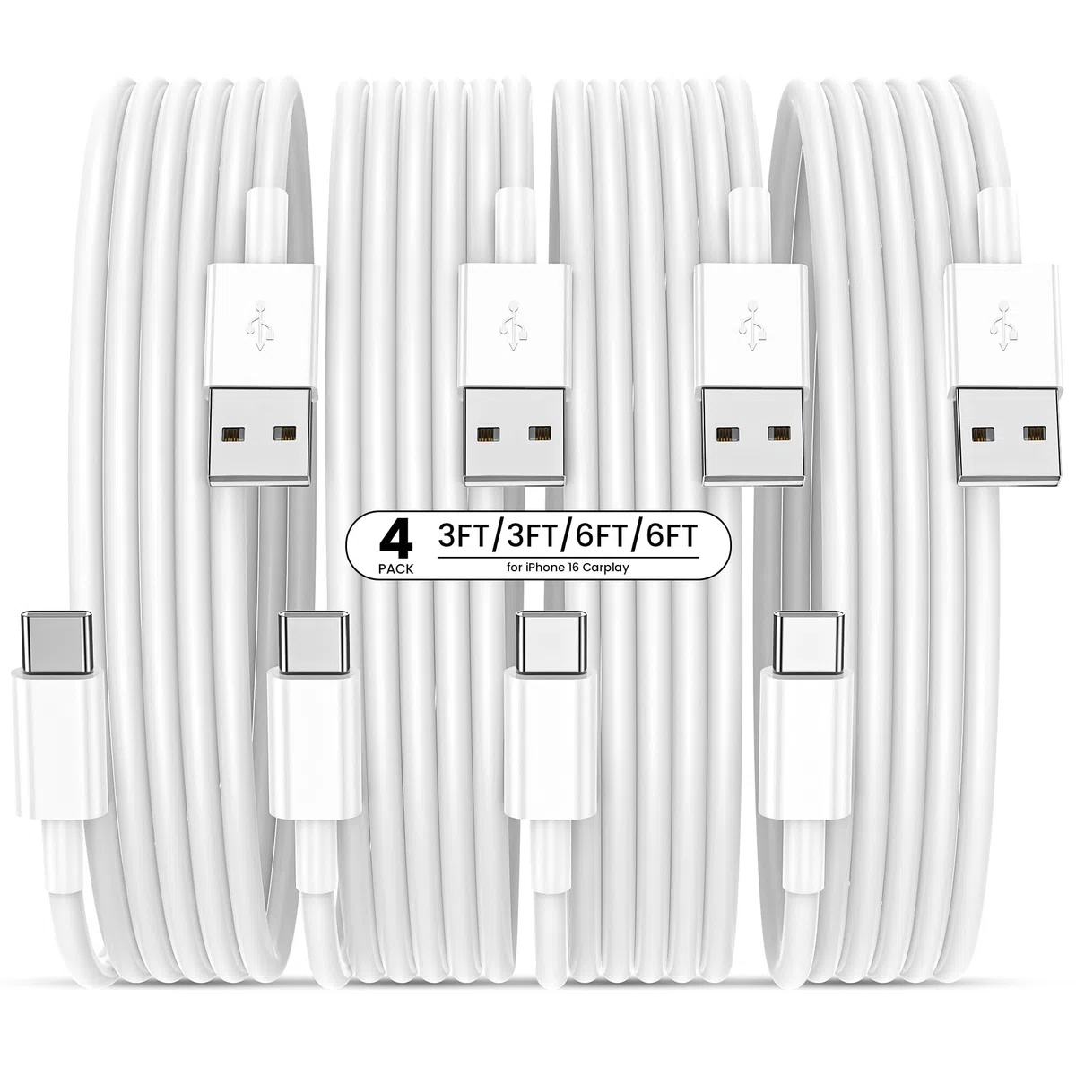 Kabel USB na USB-C z CarPlay, 4 x kabel USB A do szybkiego ładowania 1,8 m + 1,8 m do iPhone'a 16/16 Plus/16 Pro/16 Pro Max/15/SE, Pixel A15/A25/A35/A54/A5, Galaxy S24/S23/S22/S21/S20