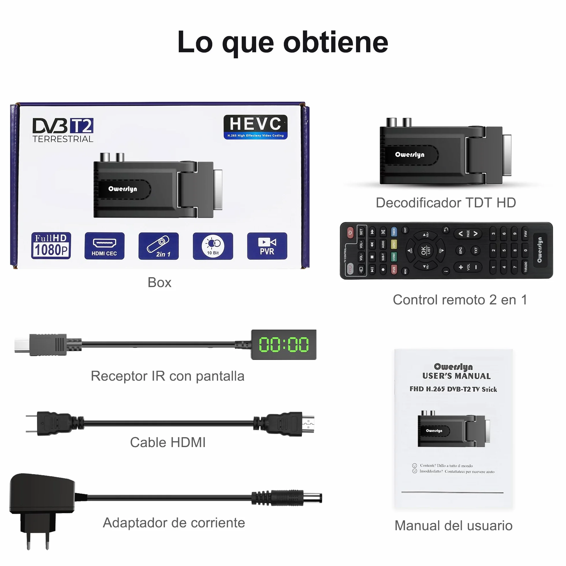 Dekoder cyfrowy naziemny 2024, OWERSLYN DVB-T2 HD 1080P, H265, HEVC, główny 10-bitowy, HDMI CEC, obsługa wyjścia HDMI/Scart i USB Multimedial/PVR [pilot 2w 1 z kontrolami TV]