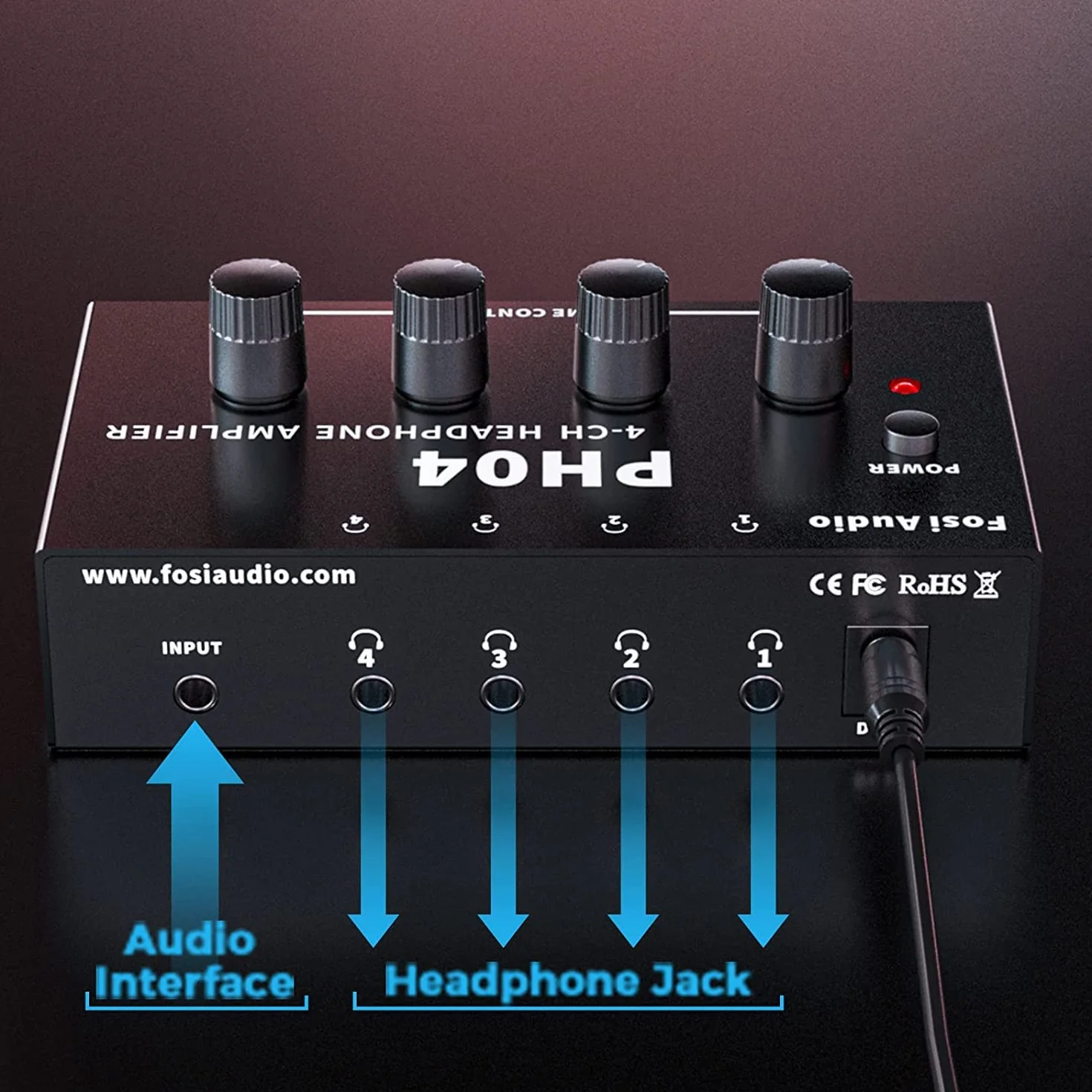 Fosi Audio PH04 4-kanałowy wzmacniacz słuchawkowy Metalowy wzmacniacz audio stereo z zasilaczem 12 V 1,5 A, ultrakompaktowy przenośny rozdzielacz słuchawek do studia i na scenę