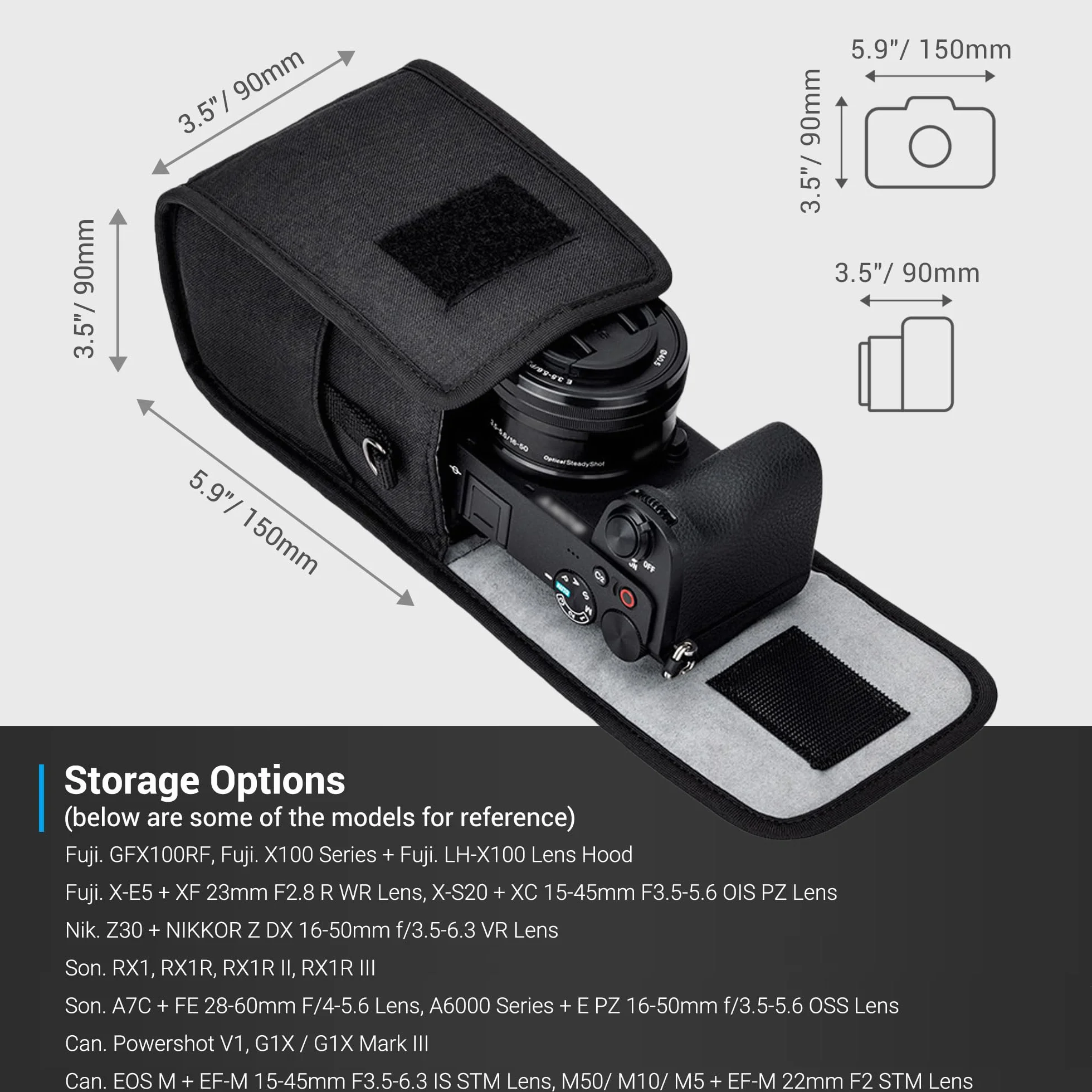 KIWIFOTOS Kompaktowa torba na aparat, torba podróżna, torba na ramię, lustrzanka/bezlusterkowy aparat cyfrowy i obiektywy do Canon, Nikon, Sony, Fujifilm, Rico., z paskiem na ramię (czarna), Czarny
