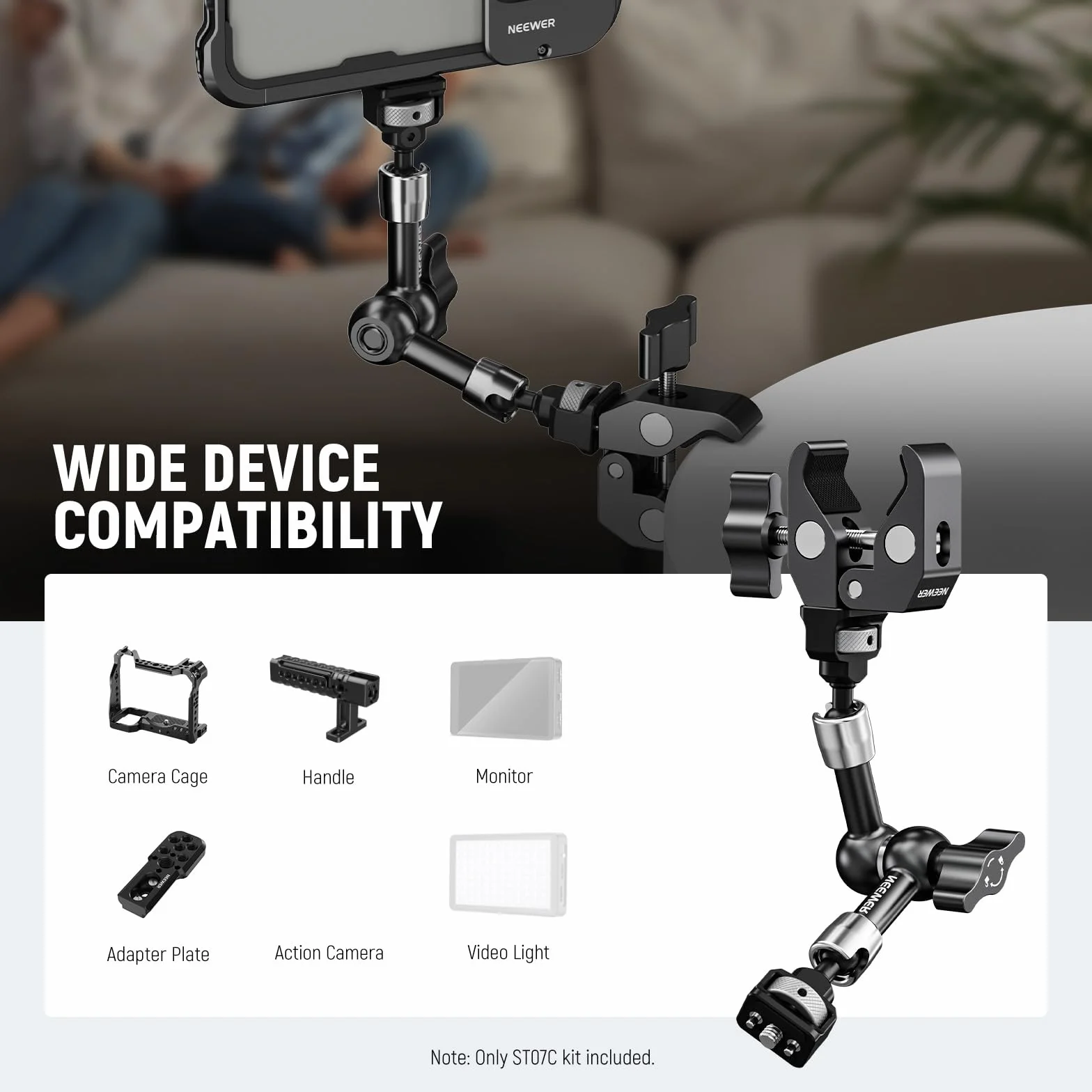NEEWER 17.8 cm przegubowy magiczny uchwyt zaciskowy z super zaciskiem, uchwyt na monitor kamery z pinami i otworami 1/10.2 cm 3/20.3 cm ARRI do lustrzanek cyfrowych, lampa wideo kompatybilna z klatką