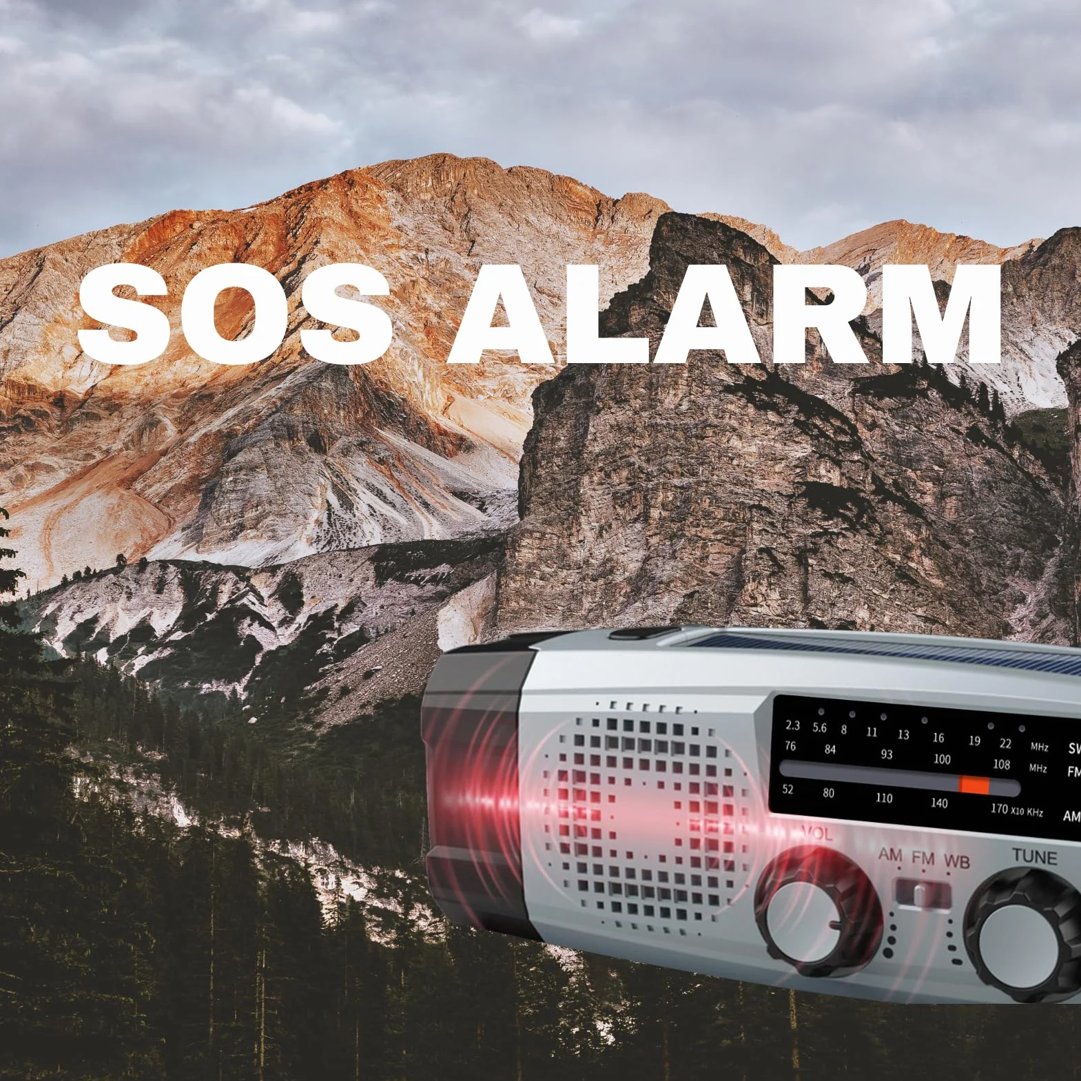 Awaryjne radio słoneczne z latarką LED, alarm SOS, AM/FM, ładowanie USB XLN-383WB