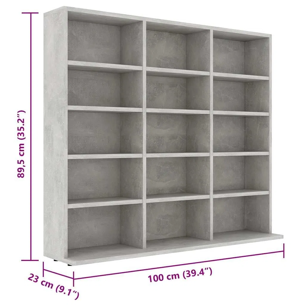 Beton szary regał na płyty CD, 100 x 23 x 89,5 cm, materiał drewnopochodny z 15 otwartymi przegródkami na muzykę, media, telewizor, salon, miejsce do przechowywania, zarządzanie kablami