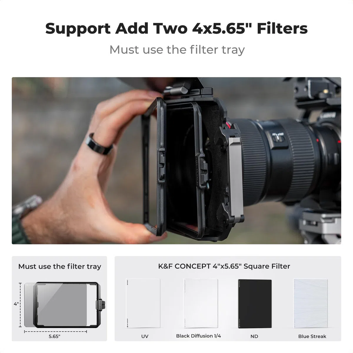 K&F Concept Matte Box Lite z górną flagą z włókna węglowego do lustrzanek cyfrowych i aparatów bezlusterkowych, kompatybilny z obiektywami 67 mm/72 mm/77 mm/82 mm/95 mm | z 1 uchwytem filtra 4" x 5,65" z 5 adapterami pierścieniowymi (67/72/77/82/95 mm) -