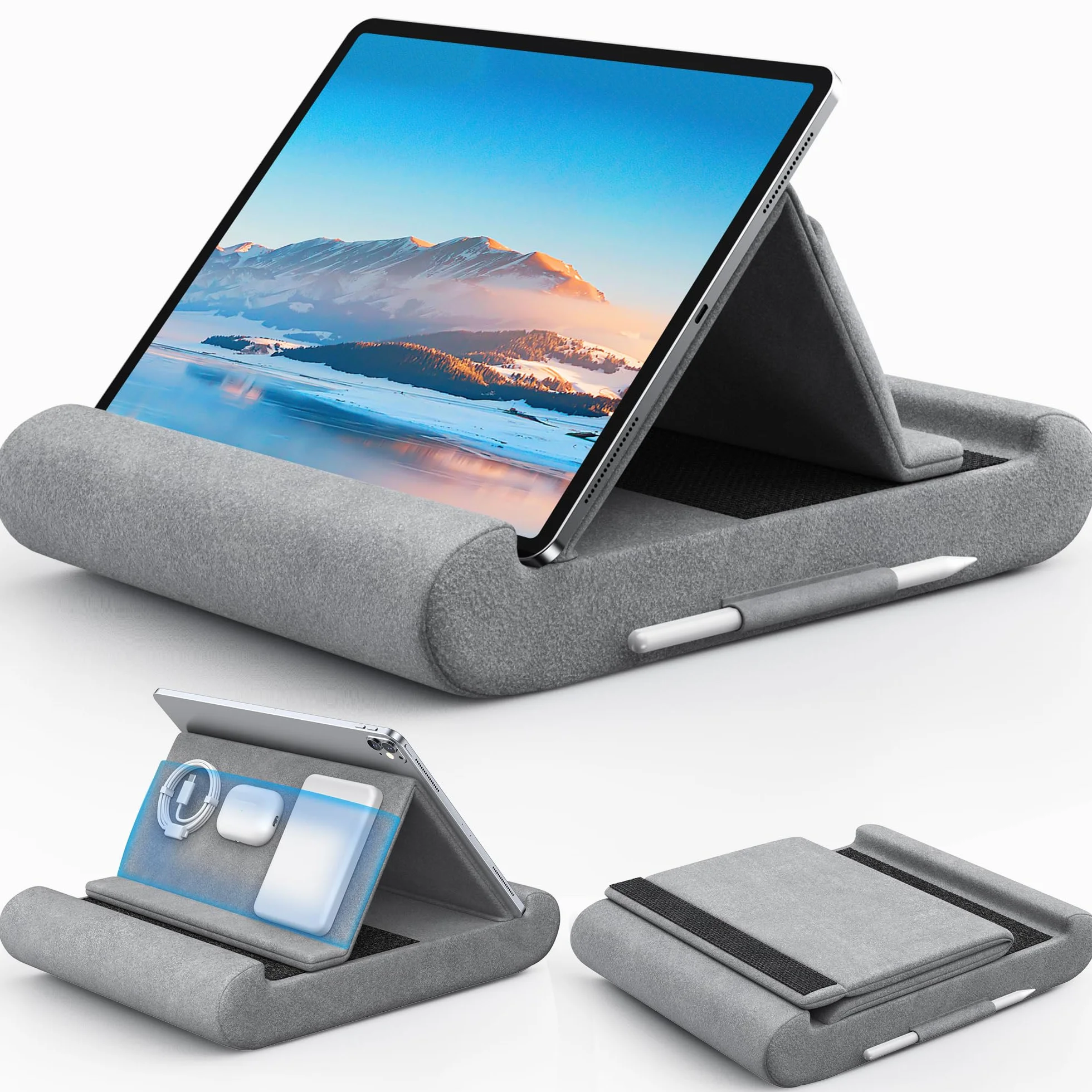 CreaDream Stojak na tablet z miękką poduszeczką, składany uchwyt na tablet do łona, łóżka i biurka, miękka podkładka z kieszenią i uchwytem na rysik, dla tabletów 4-13", takich jak iPad Pro 11, 13