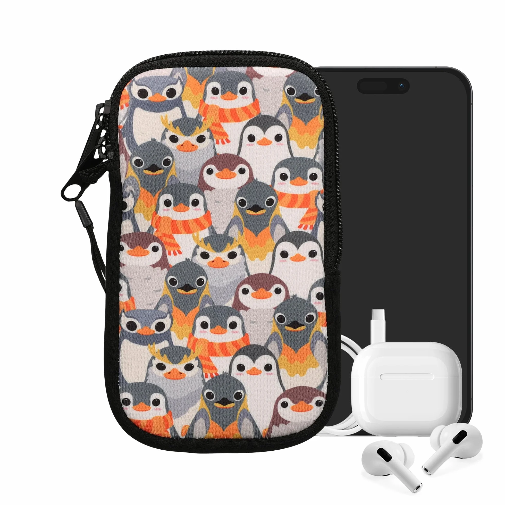 kwmobile Neoprenowy rękaw na smartfon rozmiar M - 14.0 cm - etui amortyzujące wstrząsy - ochronna torba na telefon - pingwiny szary/żółty/brązowy