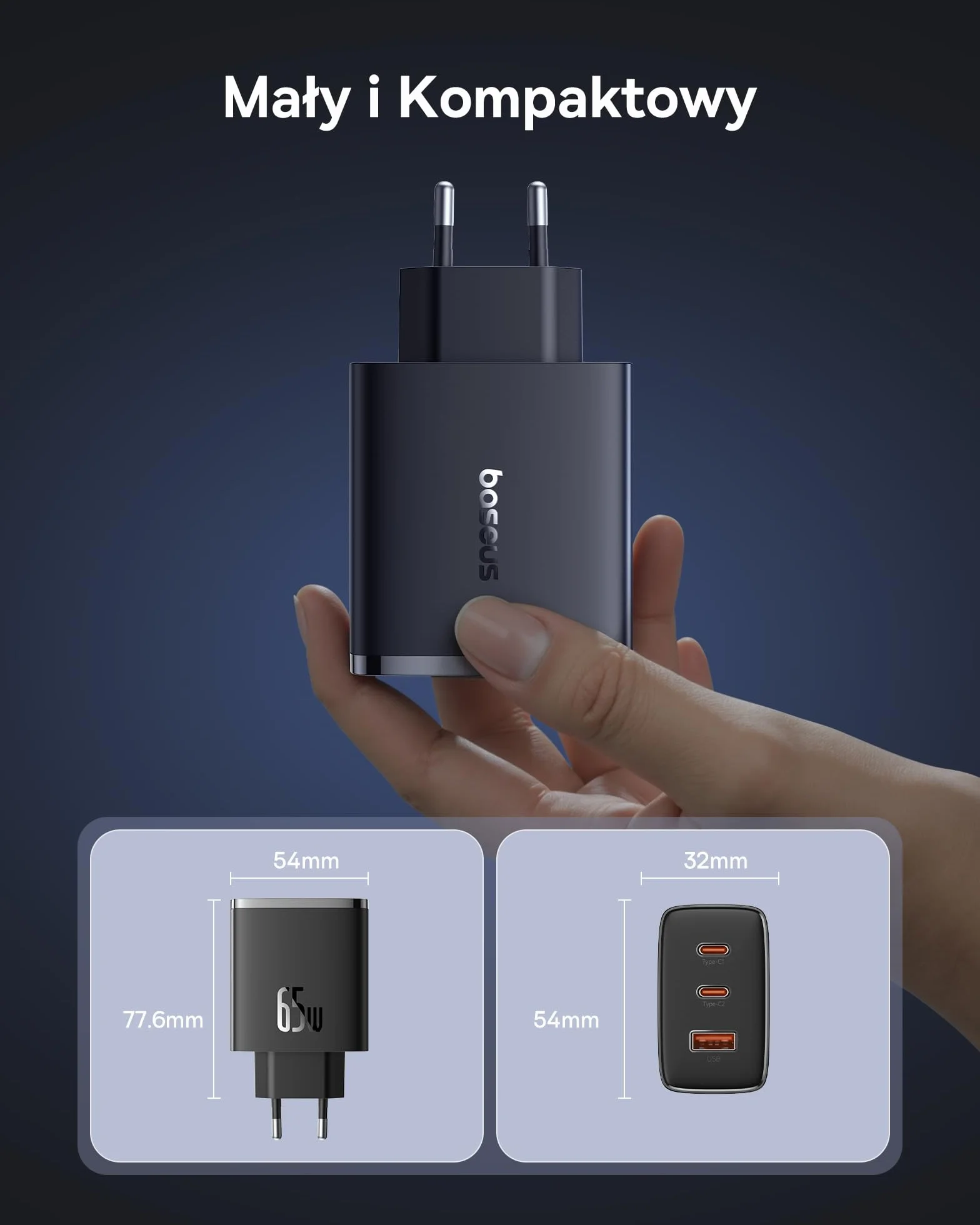 Baseus Ładowarka USB C, 65 W, zasilacz USB C, 3-portowy ładowarka PD, ładowarka z PPS, GaN szybka ładowarka kompatybilna z MacBook Pro/Air, iPhone 15/14/13/12, iPad Pro, Galaxy S23 Ultra, S23+, S23,
